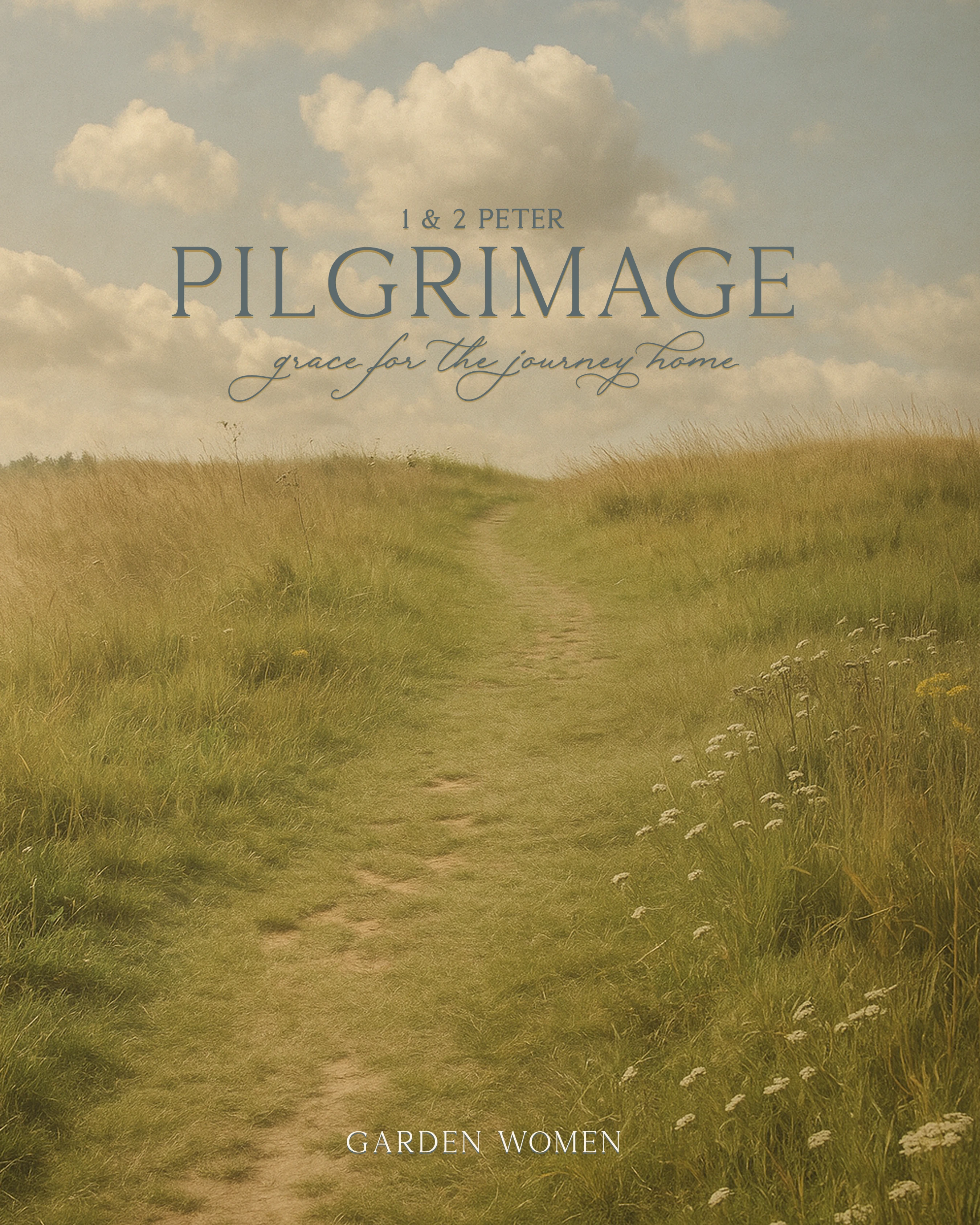 The cover art for a book titled 'Pilgrimage: grace for the journey home' showing a dirt path winding through a grassy field up a hill towards a cloudy sky.