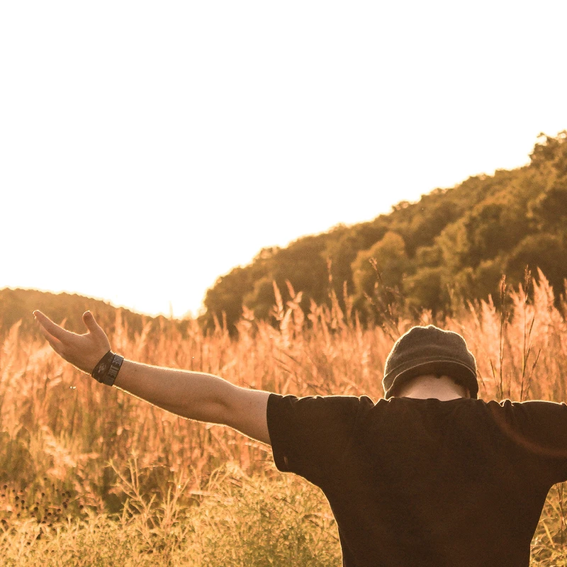 A person seen from behind stands in a field of tall grass with arms outstretched, basking in the warm light of the setting sun.