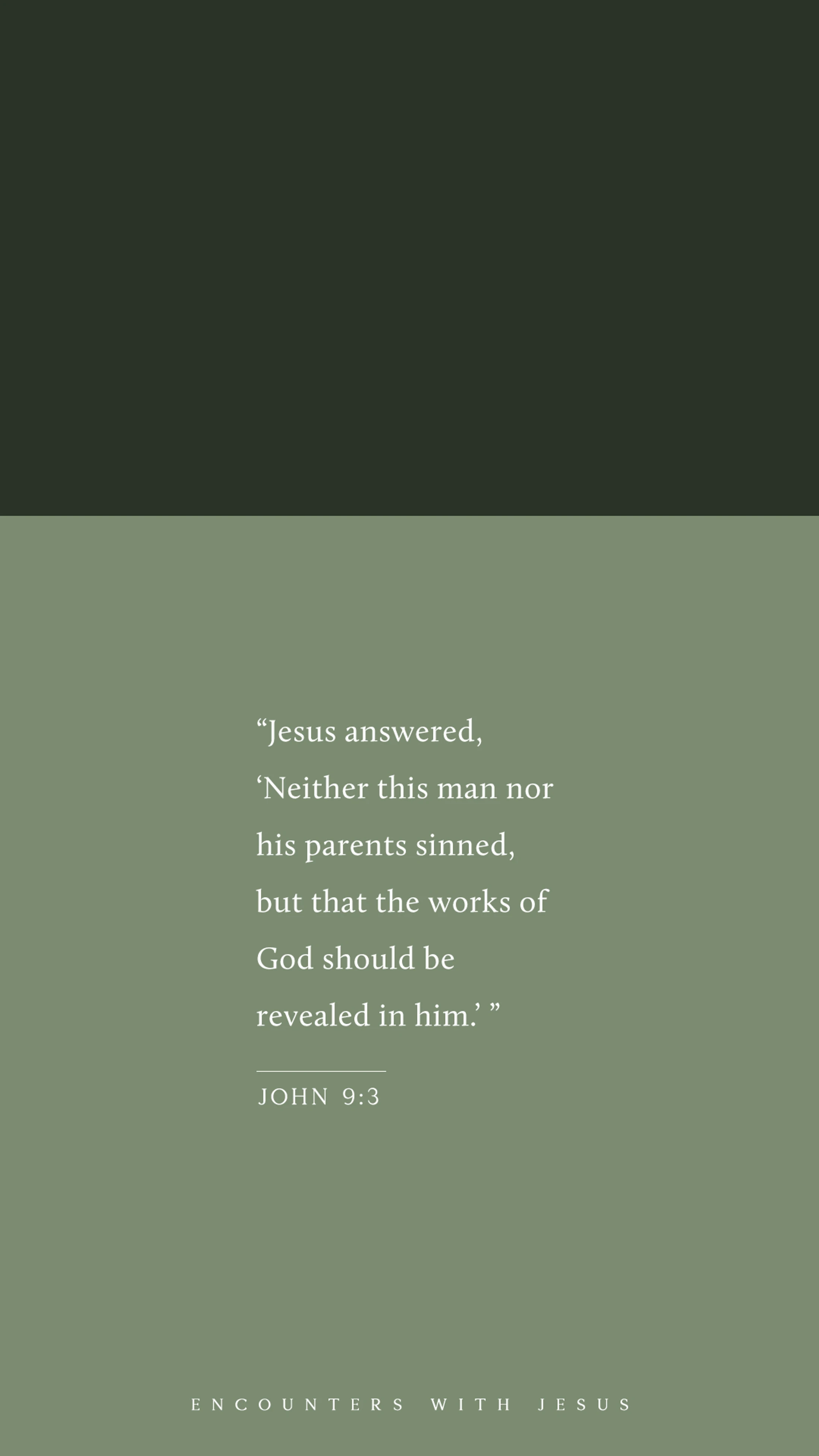 A graphic with the Bible verse John 9:3 on a sage green background. At the bottom, it reads, 'Encounters with Jesus'.