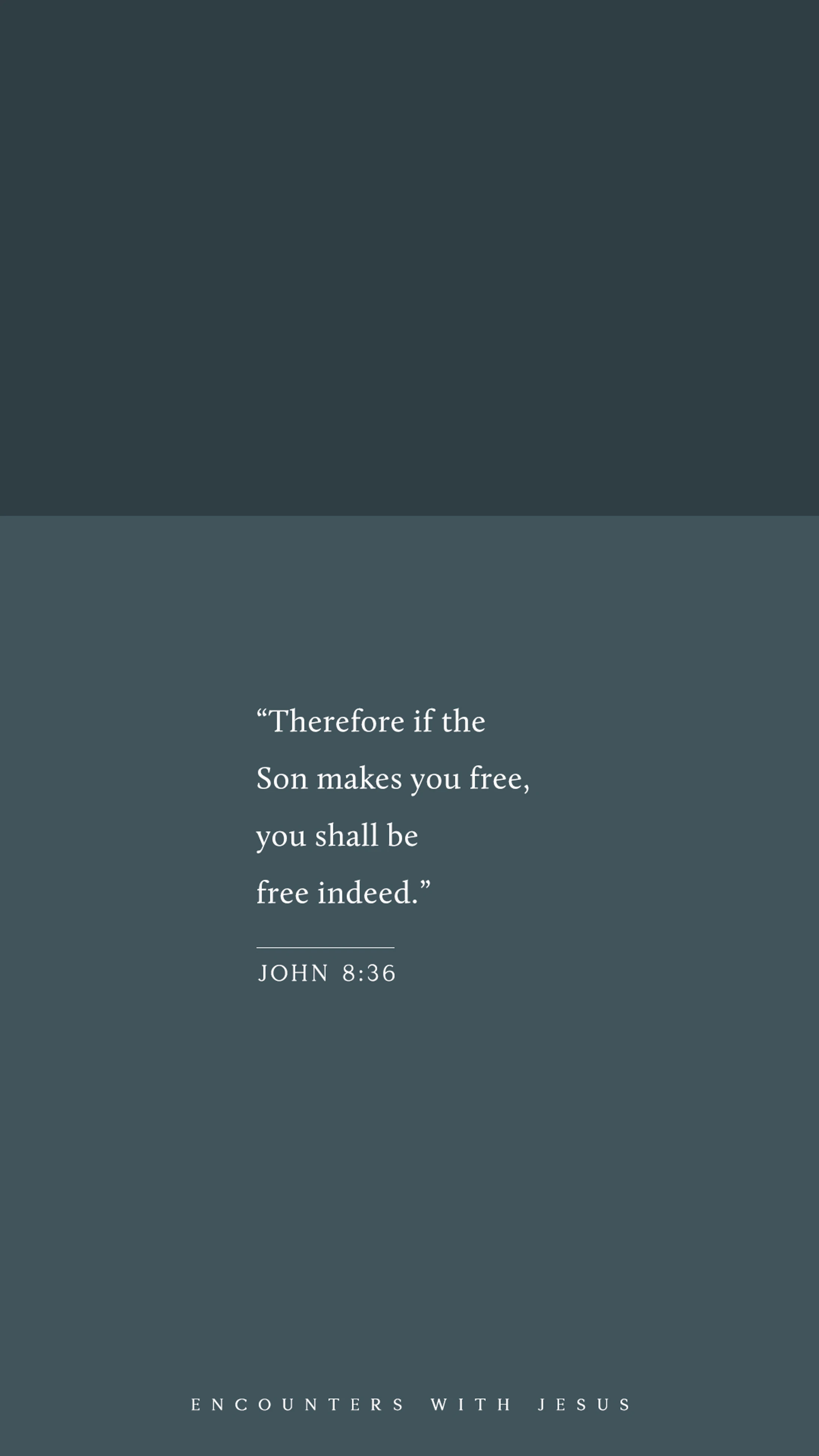 A graphic with a dark teal background. White text reads the bible verse, 'Therefore if the Son makes you free, you shall be free indeed. John 8:36'.