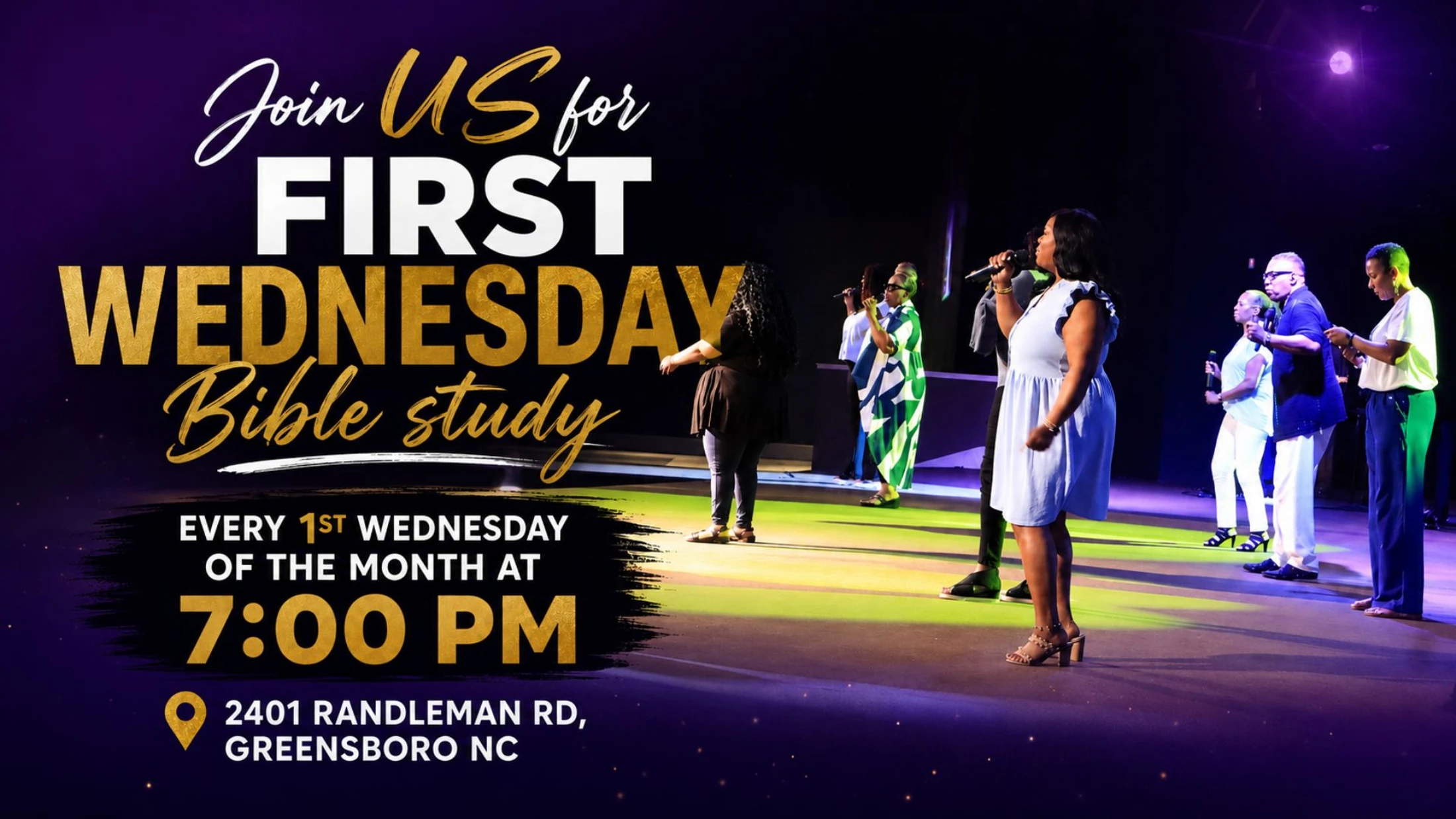 An invitation to First Wednesday Bible Study with a photo of a church choir singing on stage. Event details, including time and location, are included.