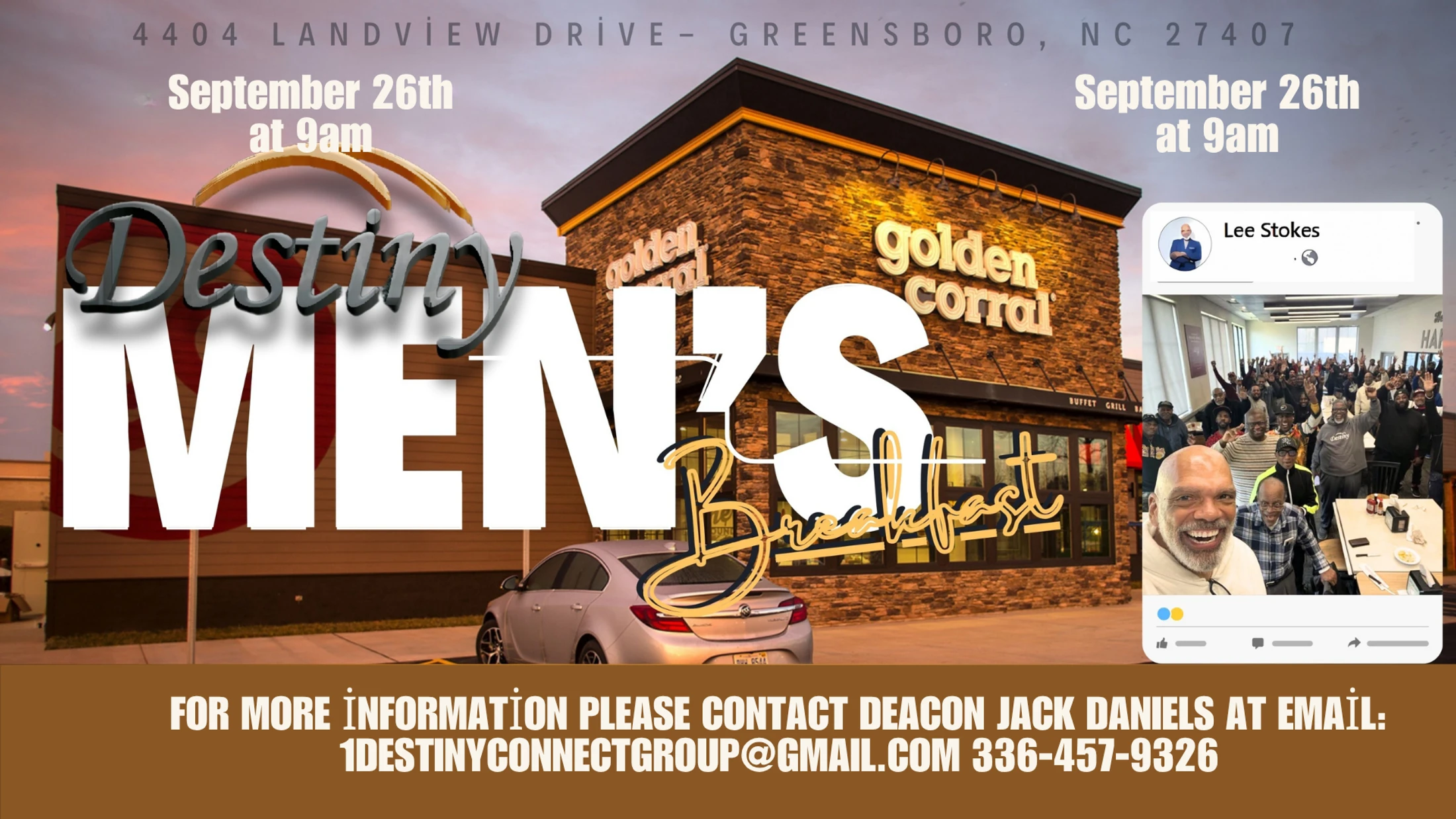 A promotional flyer for the Destiny Men's Breakfast at Golden Corral in Greensboro, NC, on September 26th at 9am. It includes photos of past events.