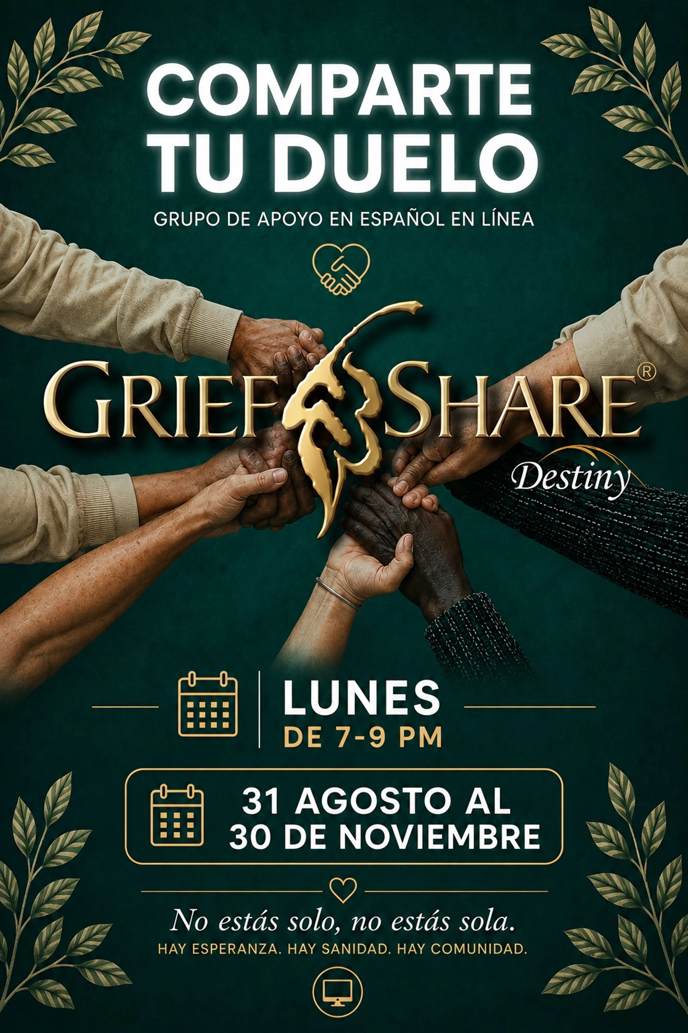 A promotional flyer in Spanish for an online grief support group called GriefShare. It shows diverse hands holding each other and lists meeting dates and times.
