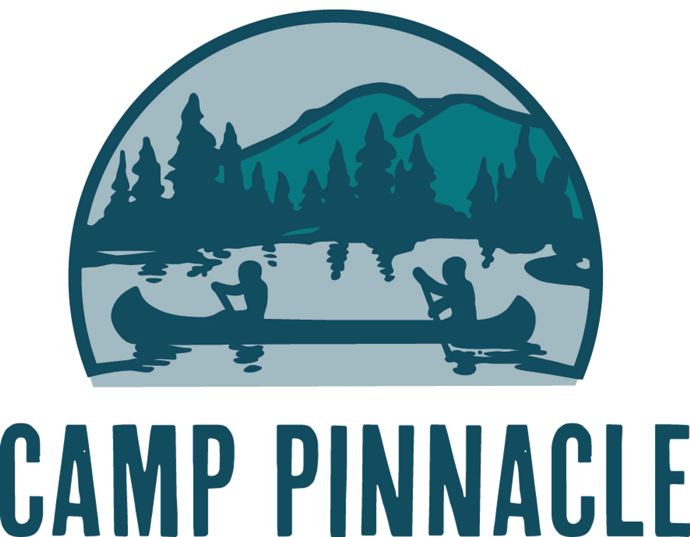 The logo for Camp Pinnacle, featuring an illustration of two people canoeing on a lake with a backdrop of pine trees and mountains.