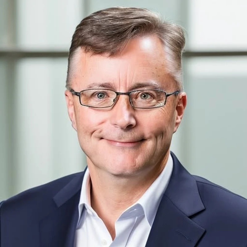 A headshot of a smiling, middle-aged man with short brown hair and glasses, wearing a dark blue suit jacket and a white collared shirt.