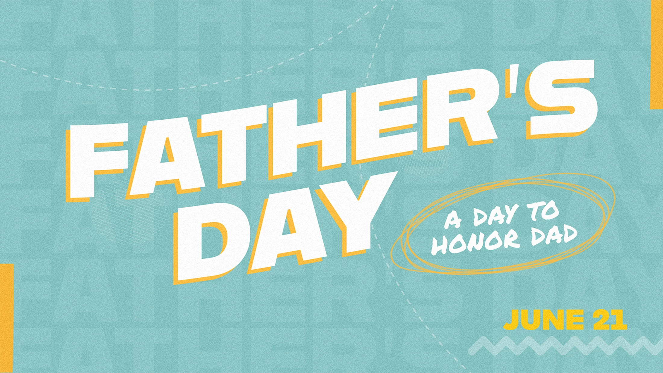 A graphic for Father's Day on a textured blue background. The words 'Father's Day' are in bold white text with a yellow shadow, over a subtle repeating pattern.