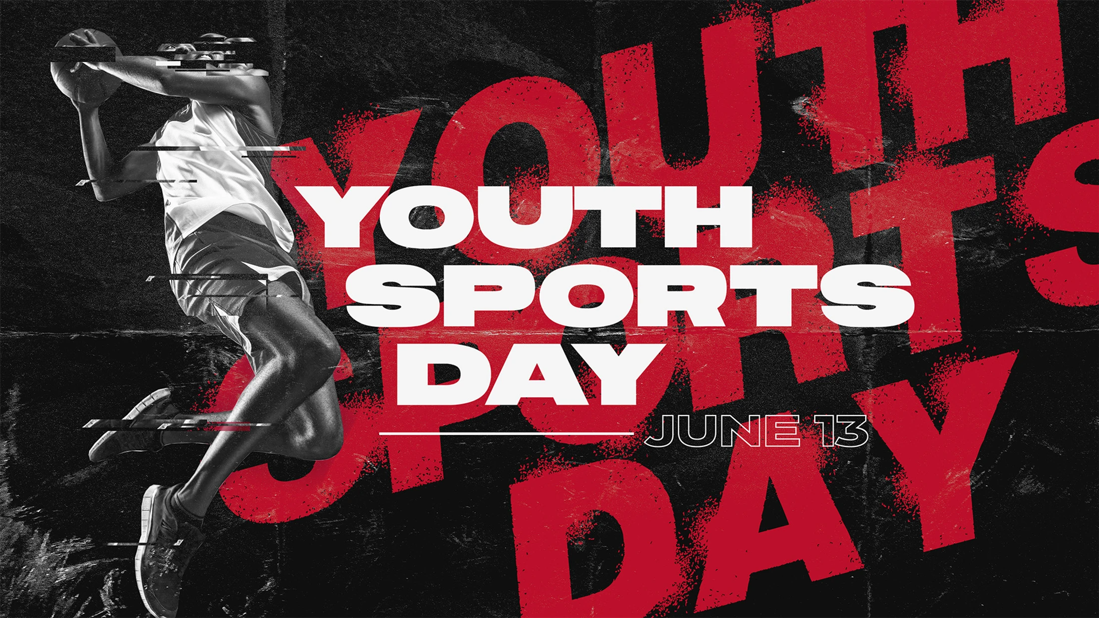 A dynamic poster for Youth Sports Day on June 13, featuring a basketball player in mid-air with glitch effects against a dark, textured background.