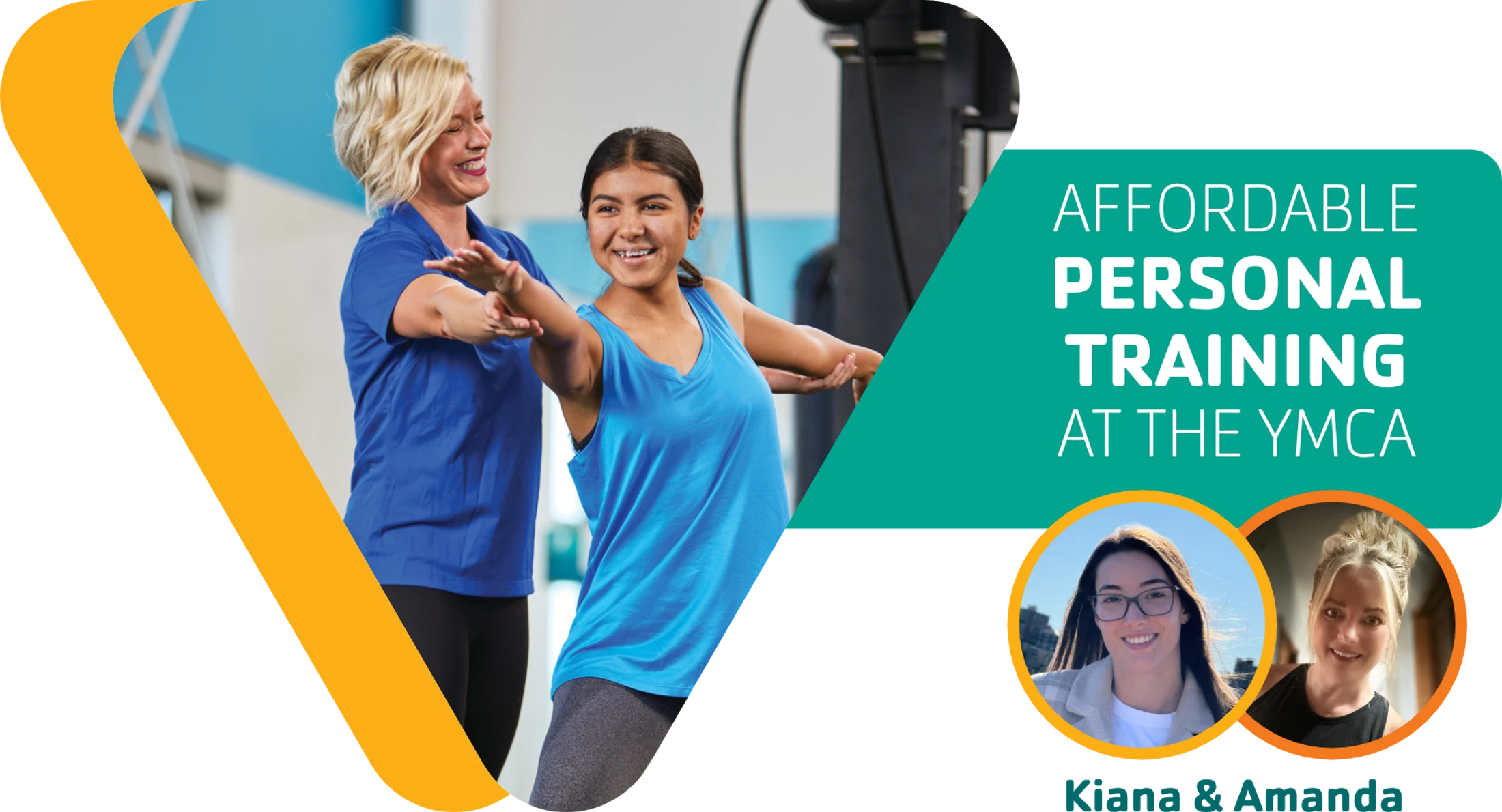 A young woman is taught an exercise movement by a personal trainer. Two local personal trainer's photos are also featured.