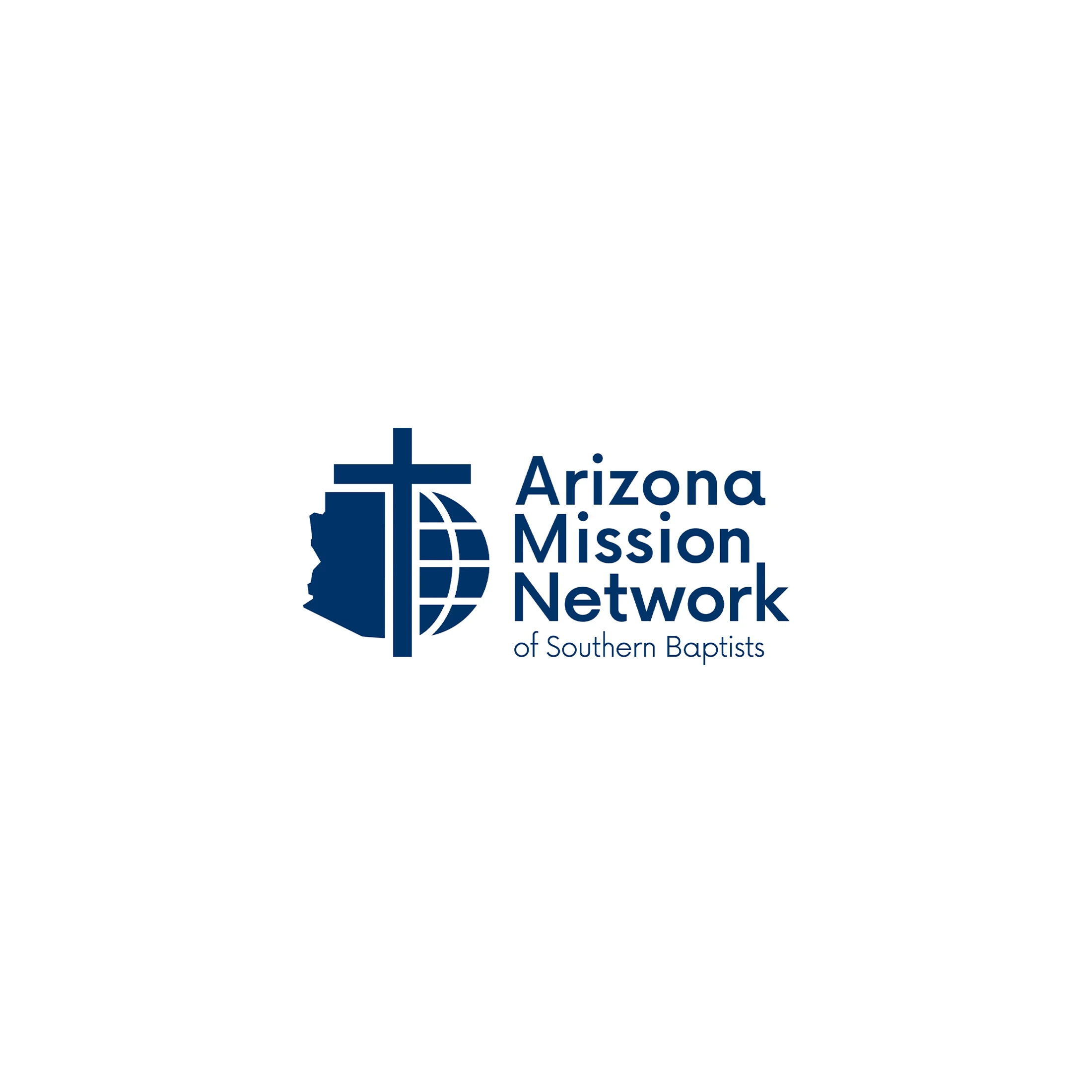 Dark blue logo for the Arizona Mission Network of Southern Baptists. The icon combines a cross, a globe, and the outline of the state of Arizona.