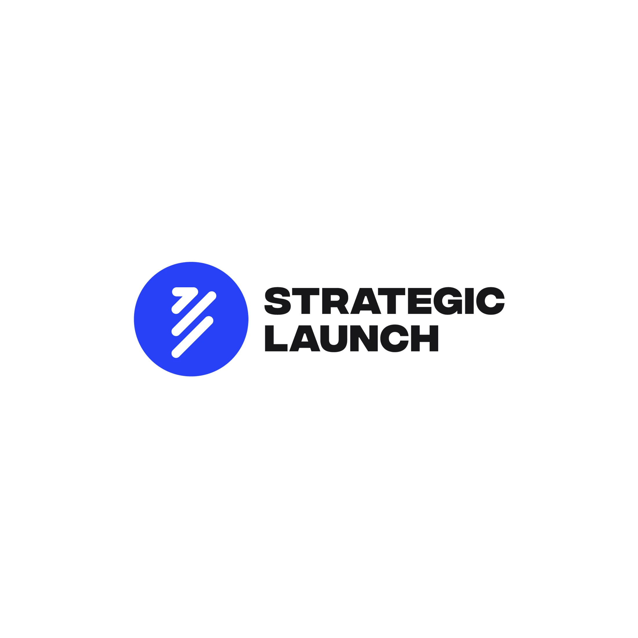 The logo for Strategic Launch, featuring a blue circular icon with three diagonal white stripes next to the company name in bold, black text.