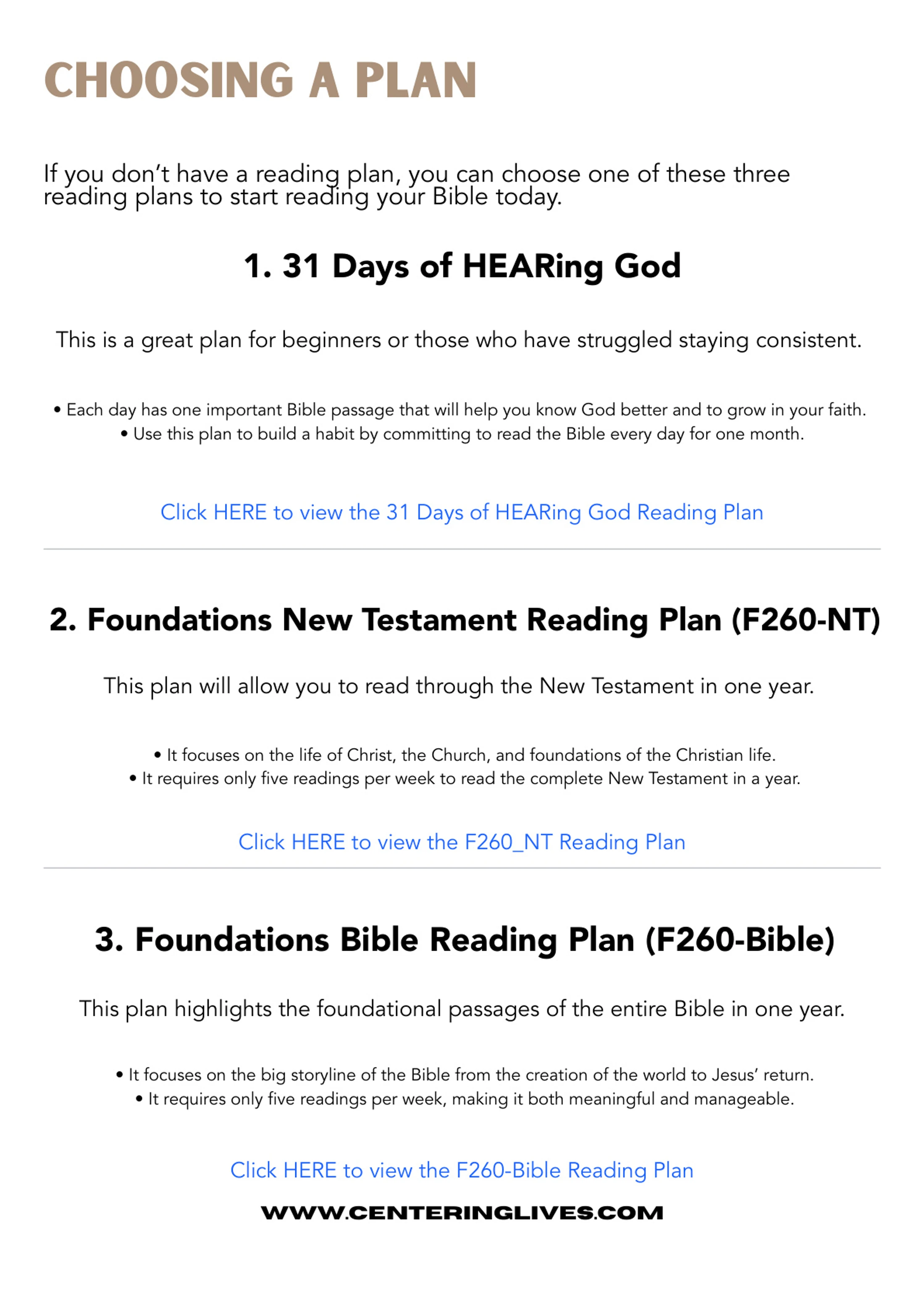 A guide titled 'Choosing a Plan' that lists three different Bible reading plans: 31 Days of HEARing God, Foundations New Testament, and Foundations Bible.