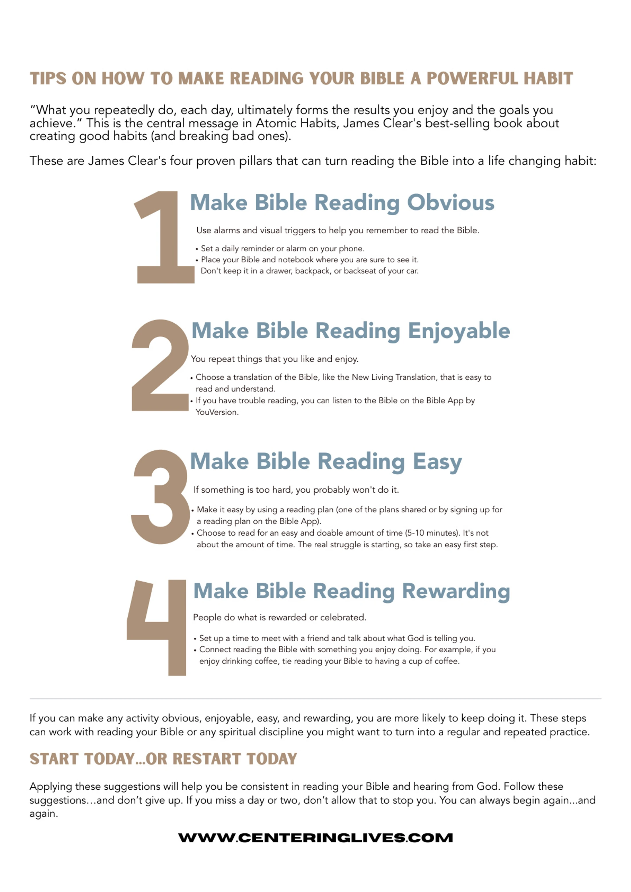 An infographic outlining four tips to make Bible reading a habit: make it obvious, enjoyable, easy, and rewarding, based on James Clear's Atomic Habits.