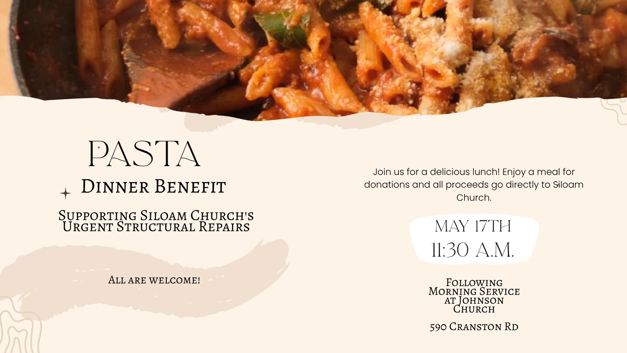 An event flyer for a Pasta Dinner Benefit. The top features a close-up photo of pasta with sauce. The text details the event on May 17th at 11:30 A.M.