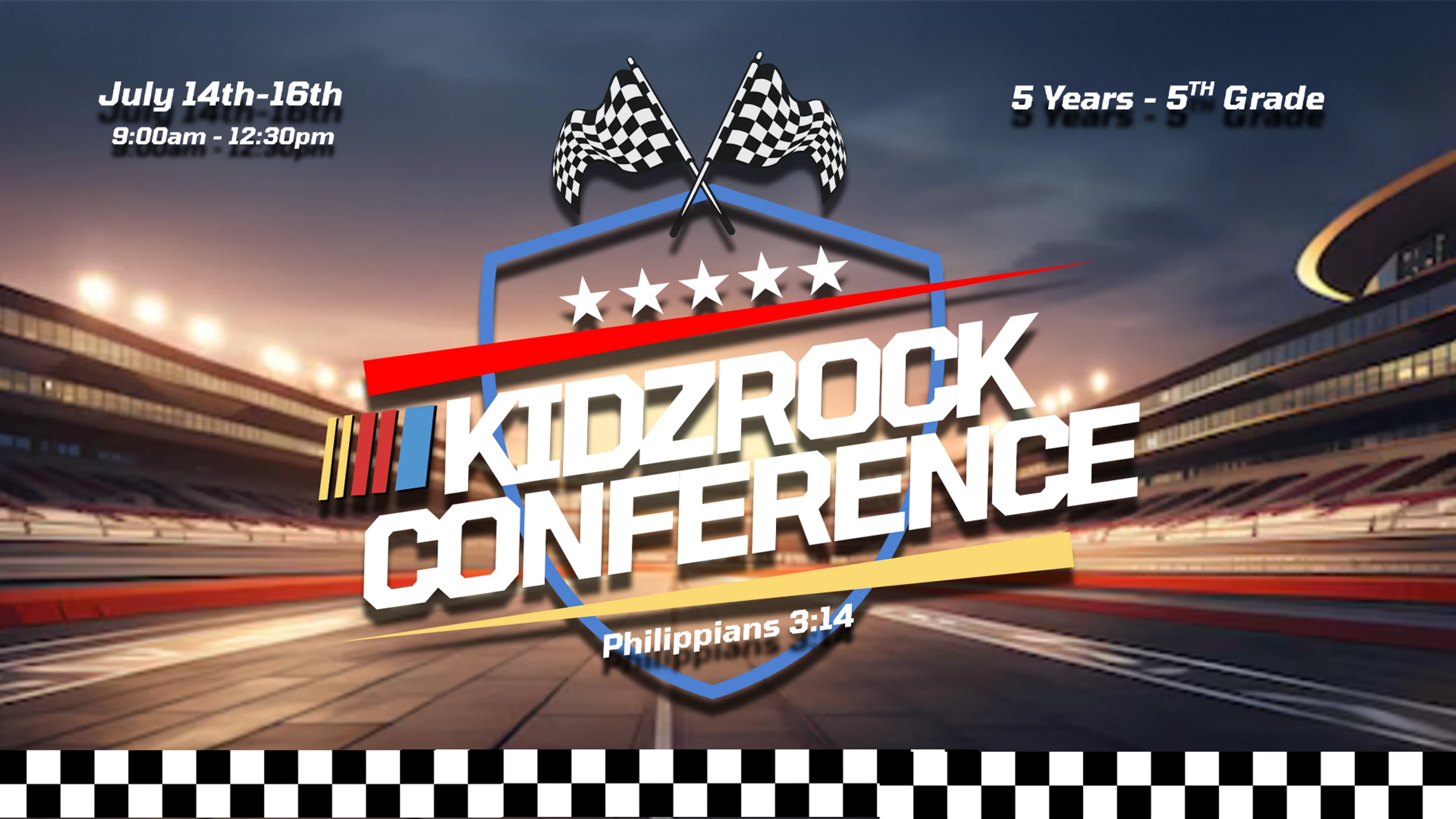 Promotional graphic for Kidzrock Conference with a racing theme. Event details include dates July 14-16 for ages 5 years to 5th grade.