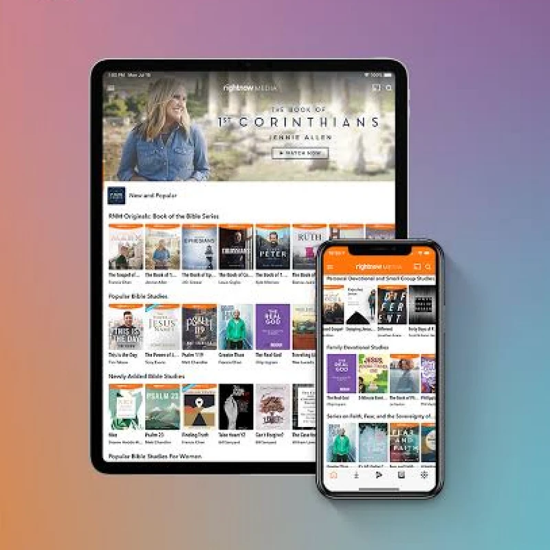A tablet and a smartphone display the RightNow Media app, showing a library of video Bible studies against a colorful gradient background.