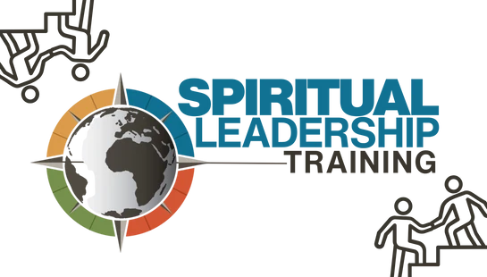 A logo for Spiritual Leadership Training, featuring a globe within a compass and icons symbolizing mentorship and collaboration.