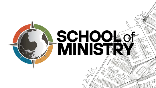 A graphic for the School of Ministry, featuring a logo of a globe inside a compass and line drawings of open Bibles on a white background.