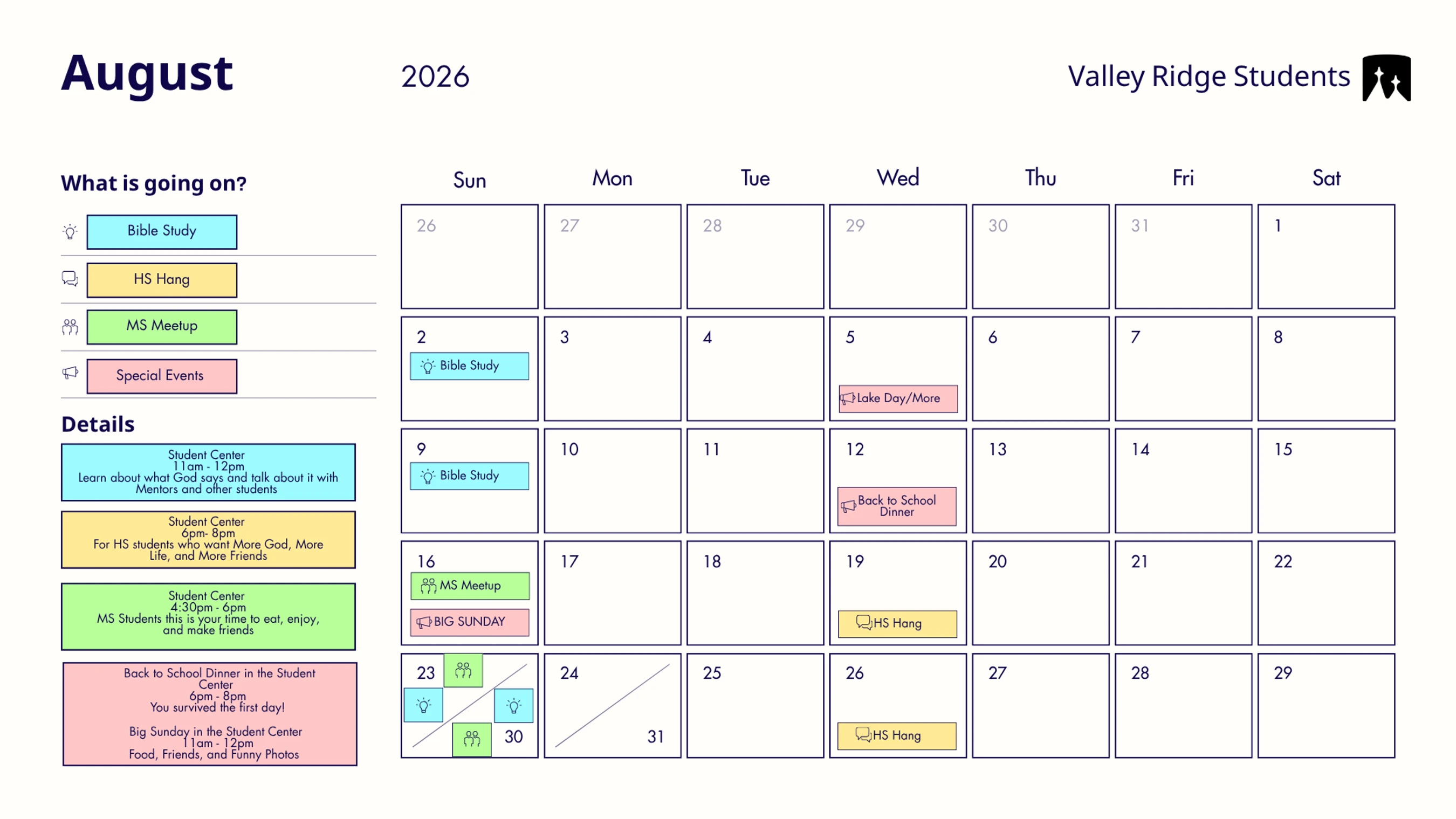 A monthly calendar for August 2026 listing events for Valley Ridge Students, including Bible Study, meetups, hangs, and a back to school dinner.