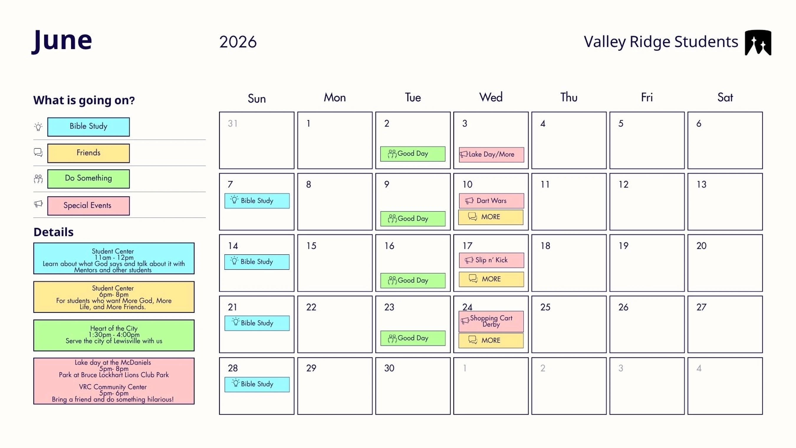 A monthly calendar for Valley Ridge Students for June 2026, showing events like Bible Study and Lake Day, with a color-coded key and details on the left.