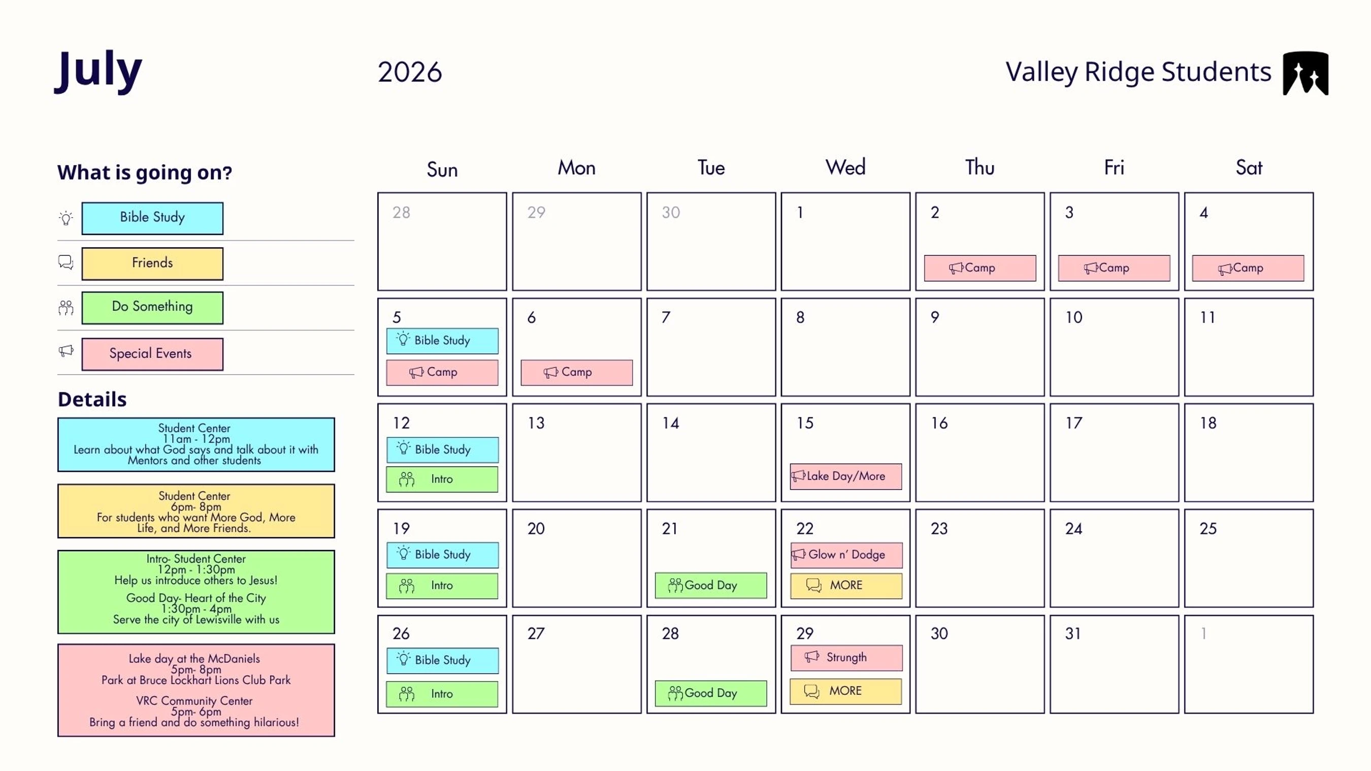 A monthly calendar for July 2026 from Valley Ridge Students, showing events like Bible Study, Camp, and Intro with a color-coded legend and details section.
