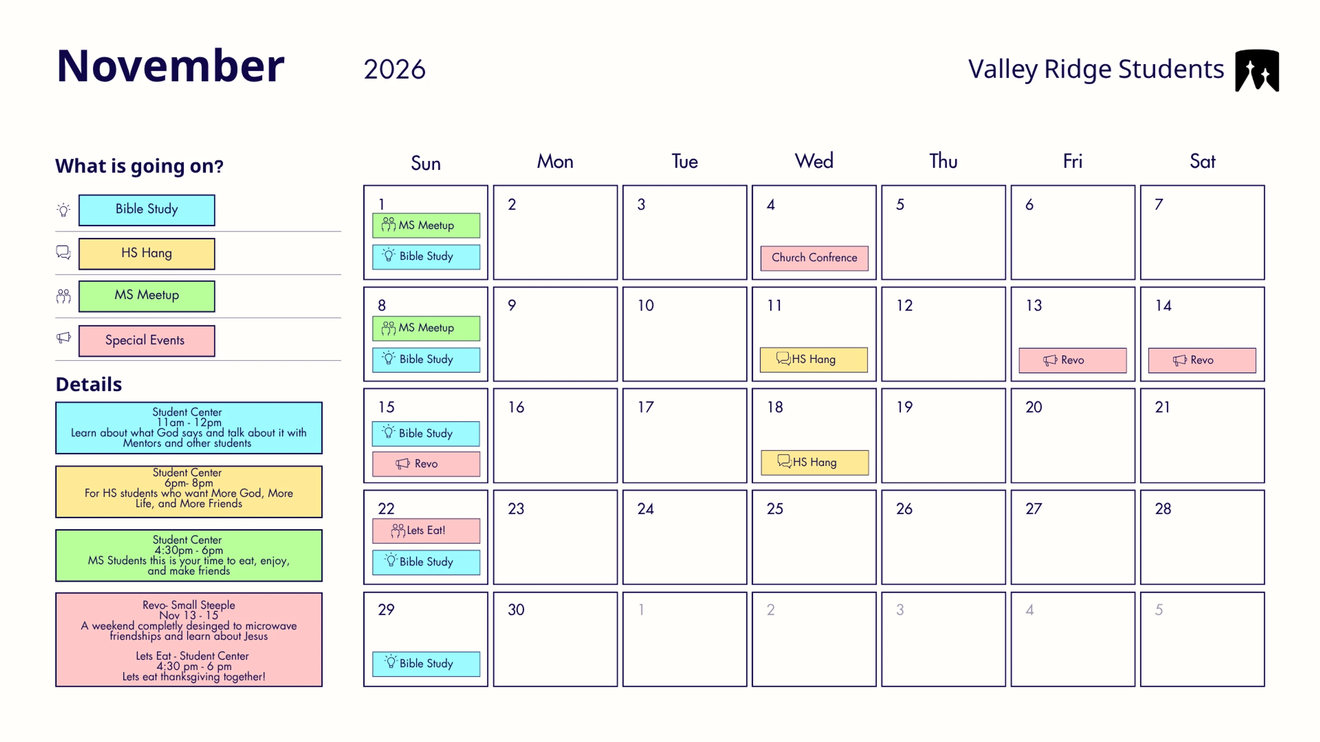 A monthly calendar for Valley Ridge Students for November 2026, showing color-coded events like Bible Study, MS Meetup, HS Hang, and other special events.