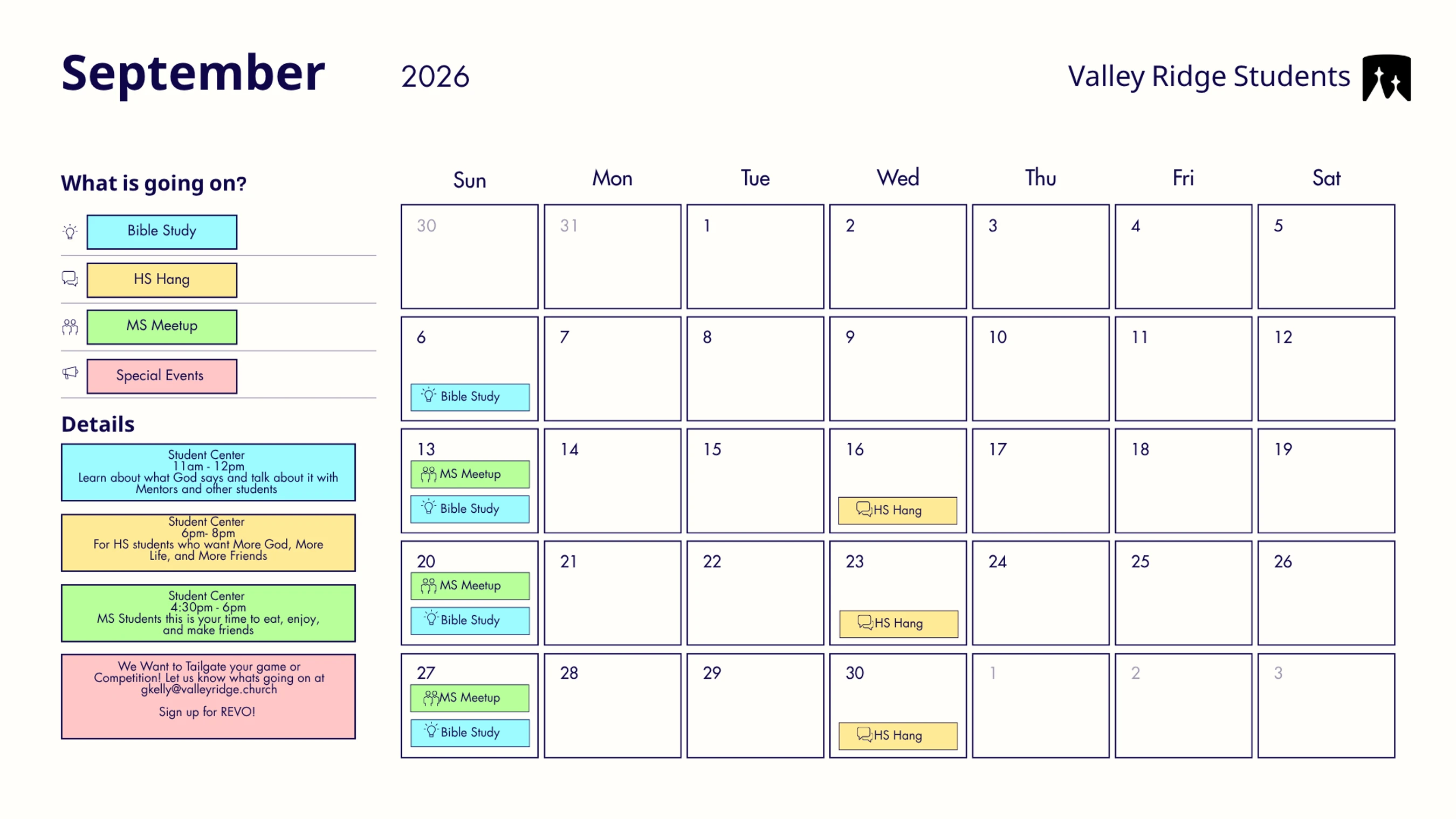 A monthly calendar for Valley Ridge Students for September 2026, showing scheduled events like Bible Study, MS Meetup, and HS Hang with a key and details.