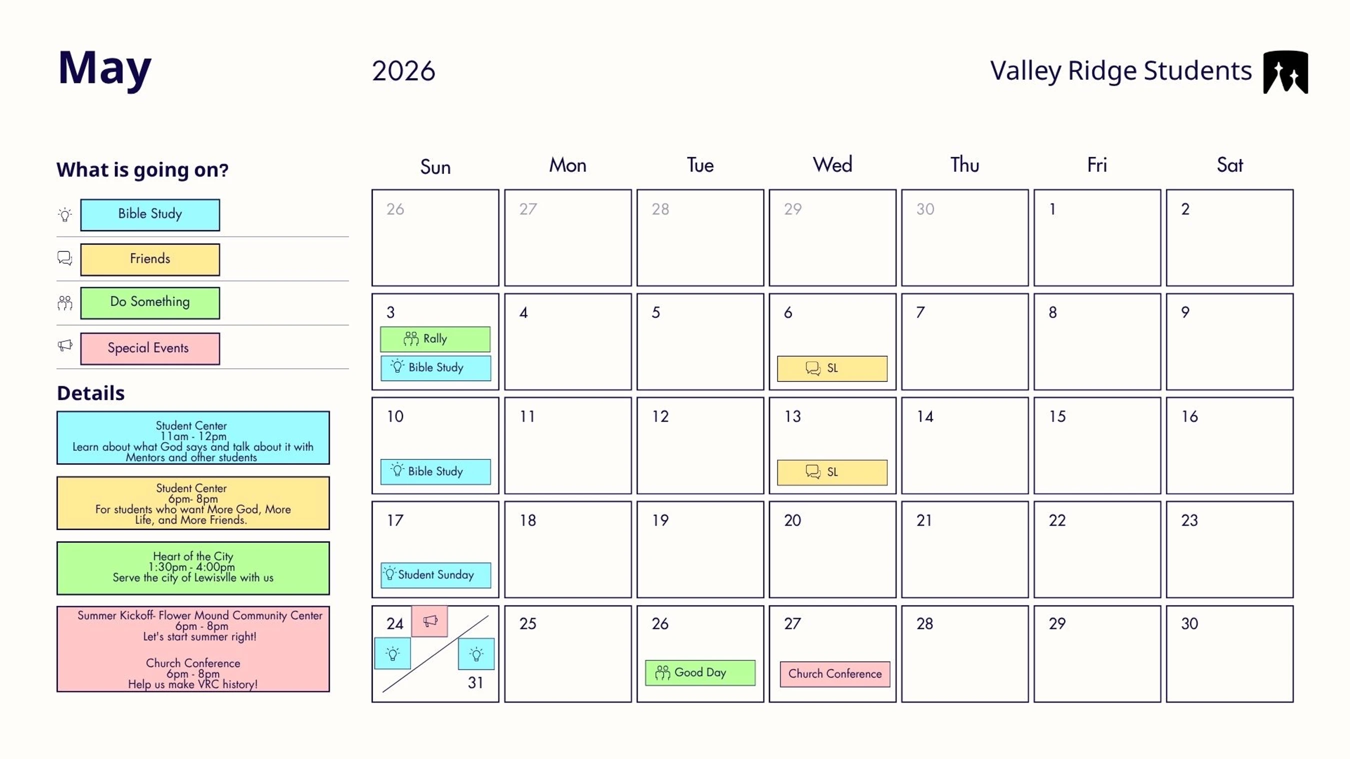 A monthly calendar for May 2026 for Valley Ridge Students, showing color-coded events like Bible Study, Rally, and Church Conference, with details on the side.