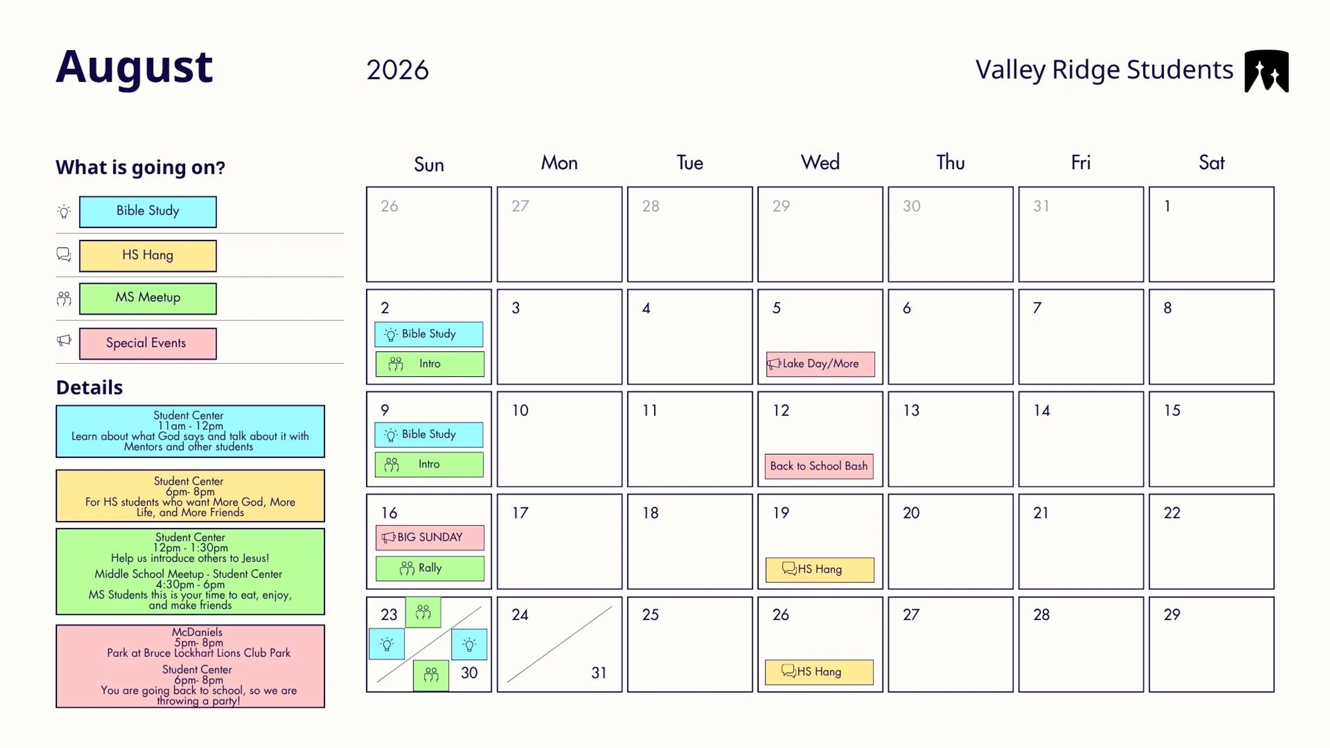 A monthly calendar for August 2026 detailing events for Valley Ridge Students, including Bible study, meetups, a lake day, and a back-to-school bash.