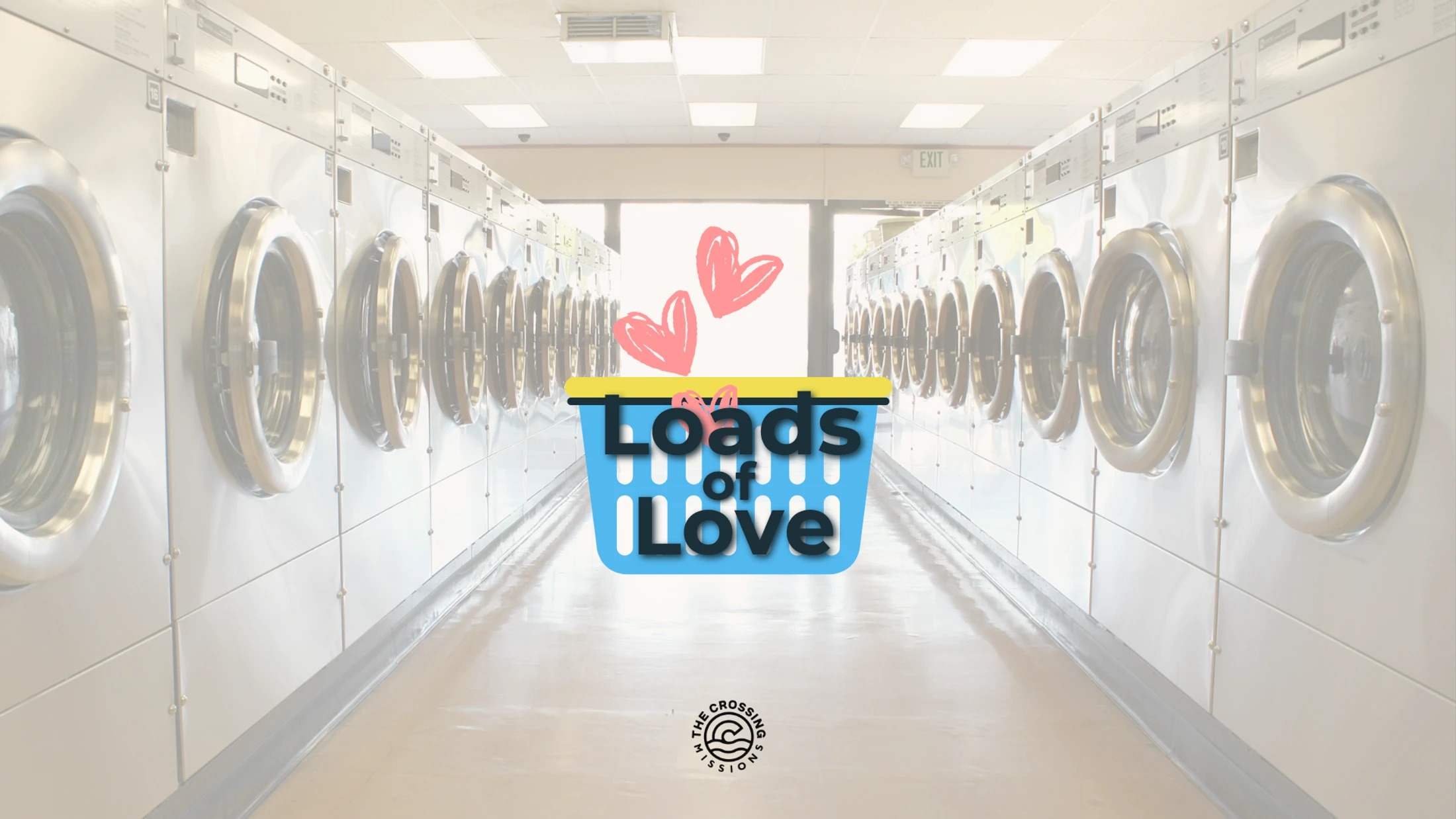 Rows of washing machines in a laundromat with the Loads of Love logo.