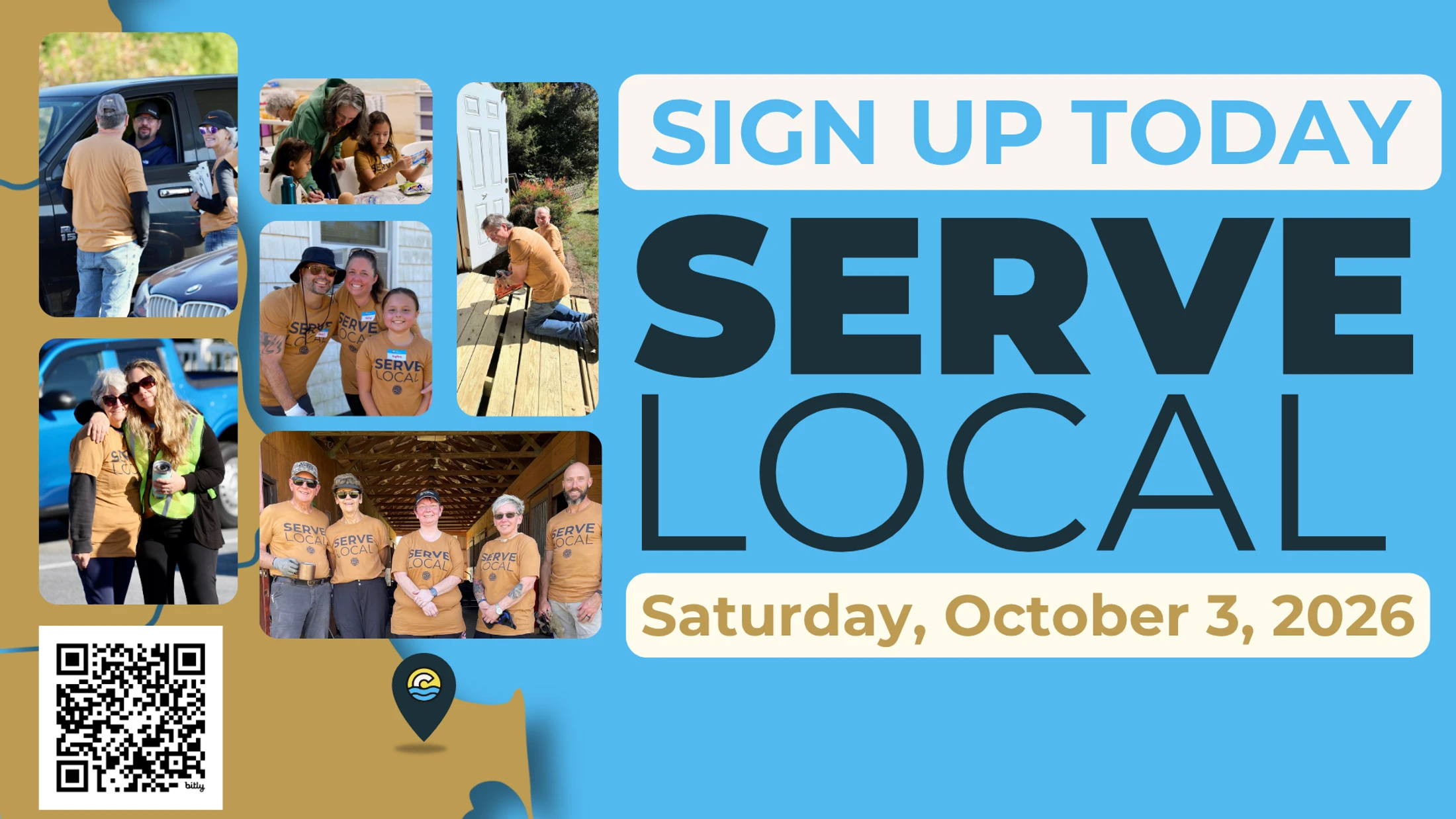 “Sign Up to Serve Local” graphic featuring photos of people serving in the community, a QR code, and the date Saturday, October 3, 2026.