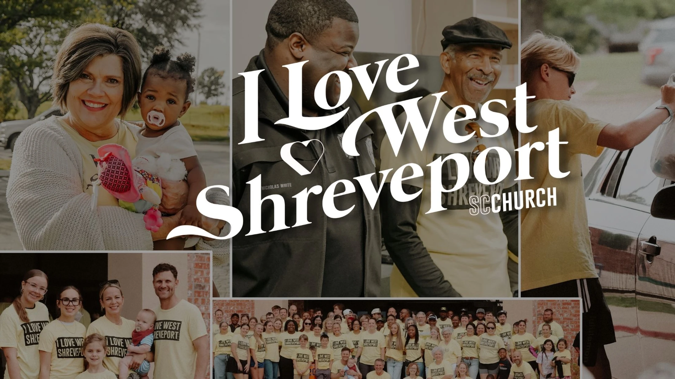 A photo collage showing diverse volunteers at a community event with text overlay reading 'I Love West Shreveport SCCHURCH'.