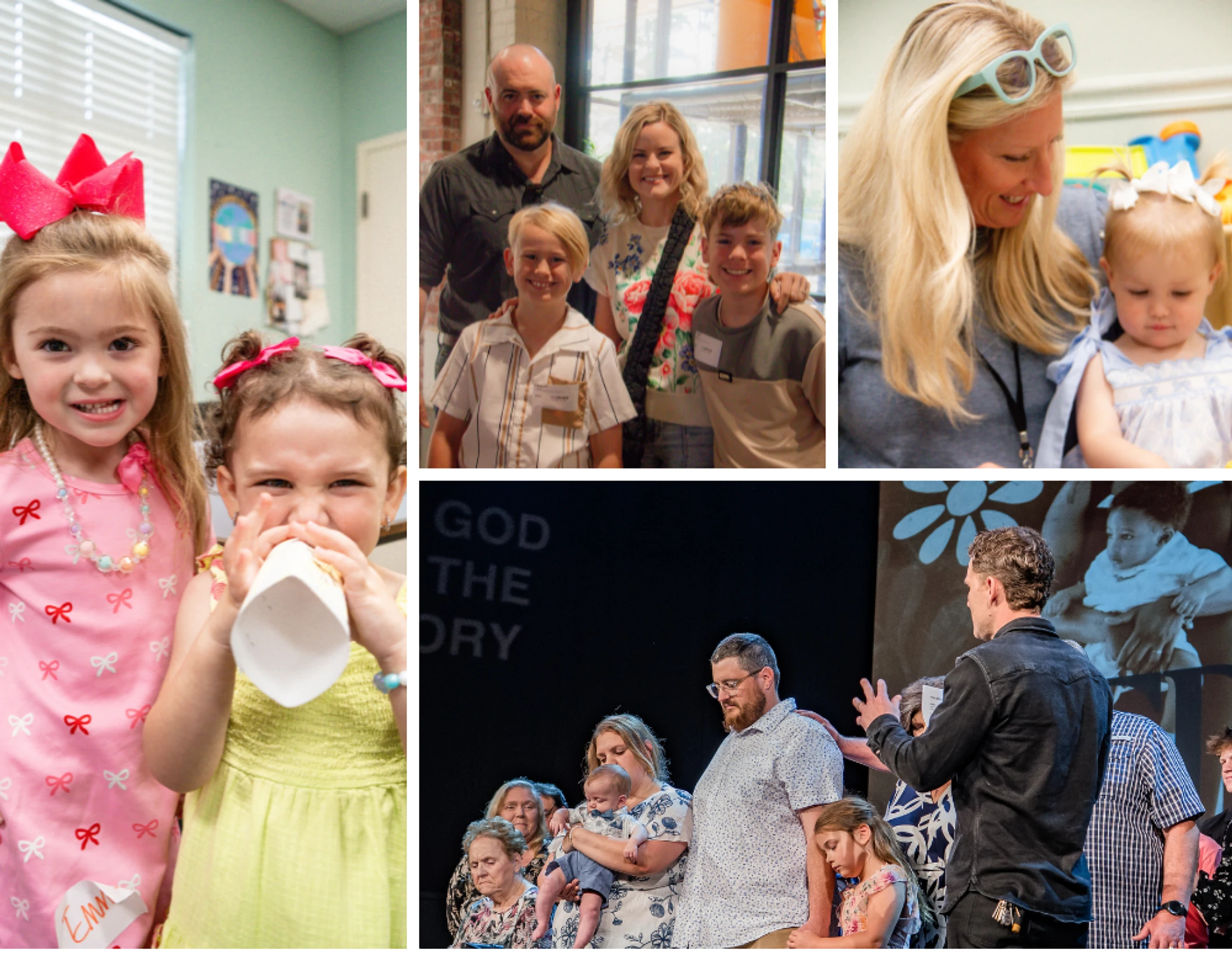 A collage of four photos showing families and children at a church event, including kids playing, a family portrait, and a baby dedication ceremony on stage.