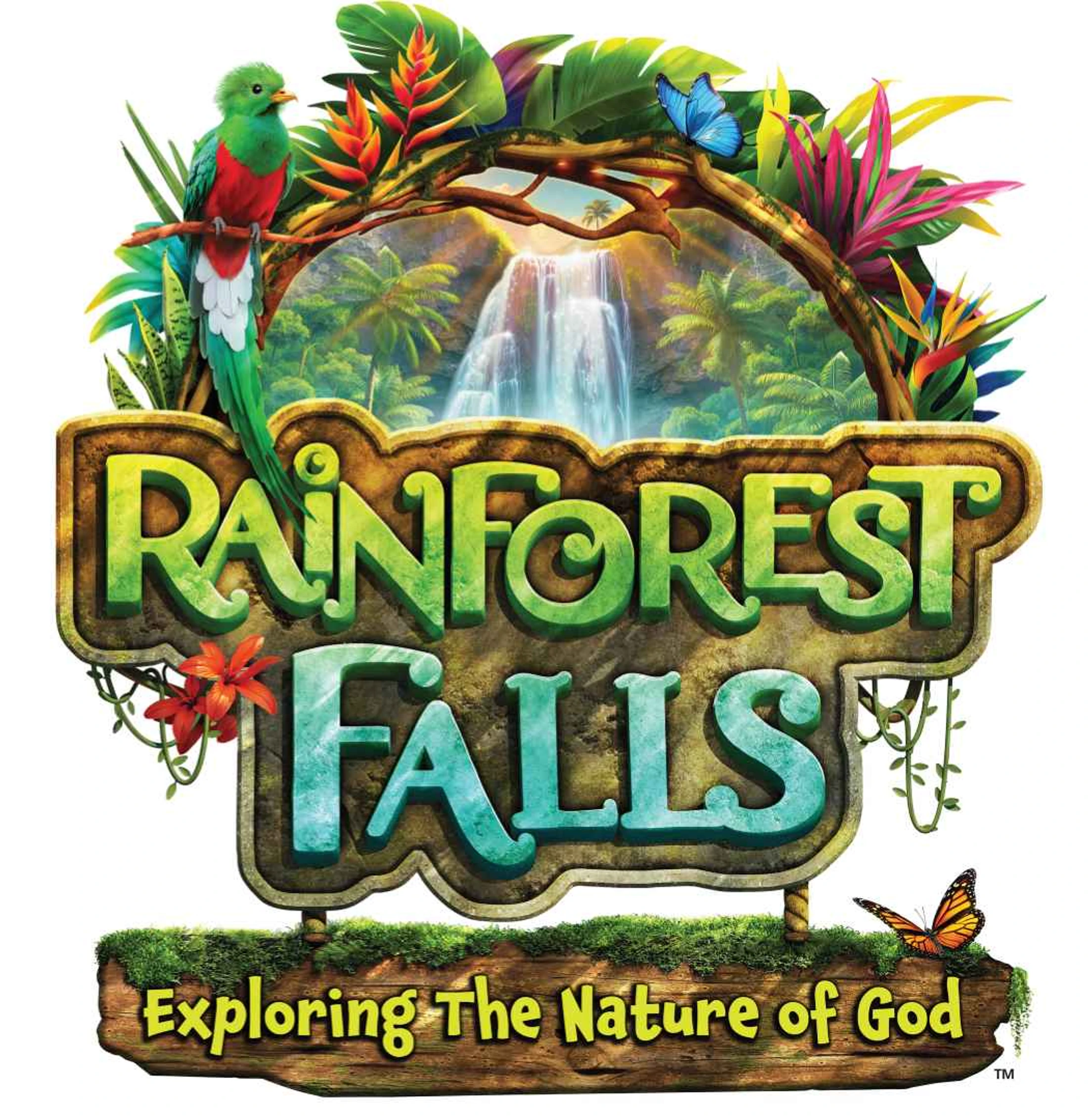 A vibrant logo for 'Rainforest Falls' with a waterfall, a quetzal, butterflies, and tropical plants. Subtitle: 'Exploring The Nature of God'.