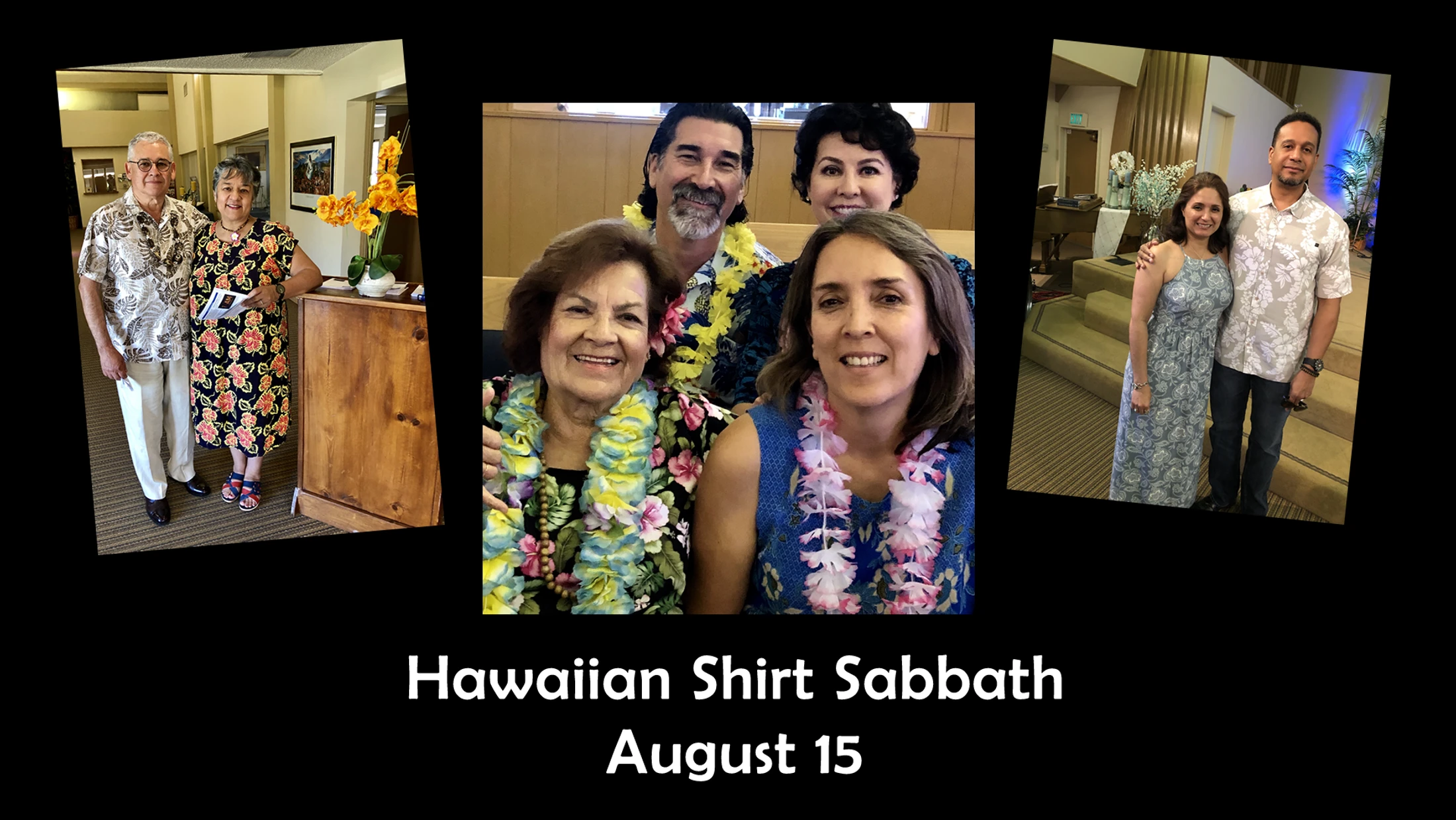 A photo collage from Hawaiian Shirt Sabbath, showing smiling couples and groups wearing colorful floral shirts, dresses, and leis at an indoor event.