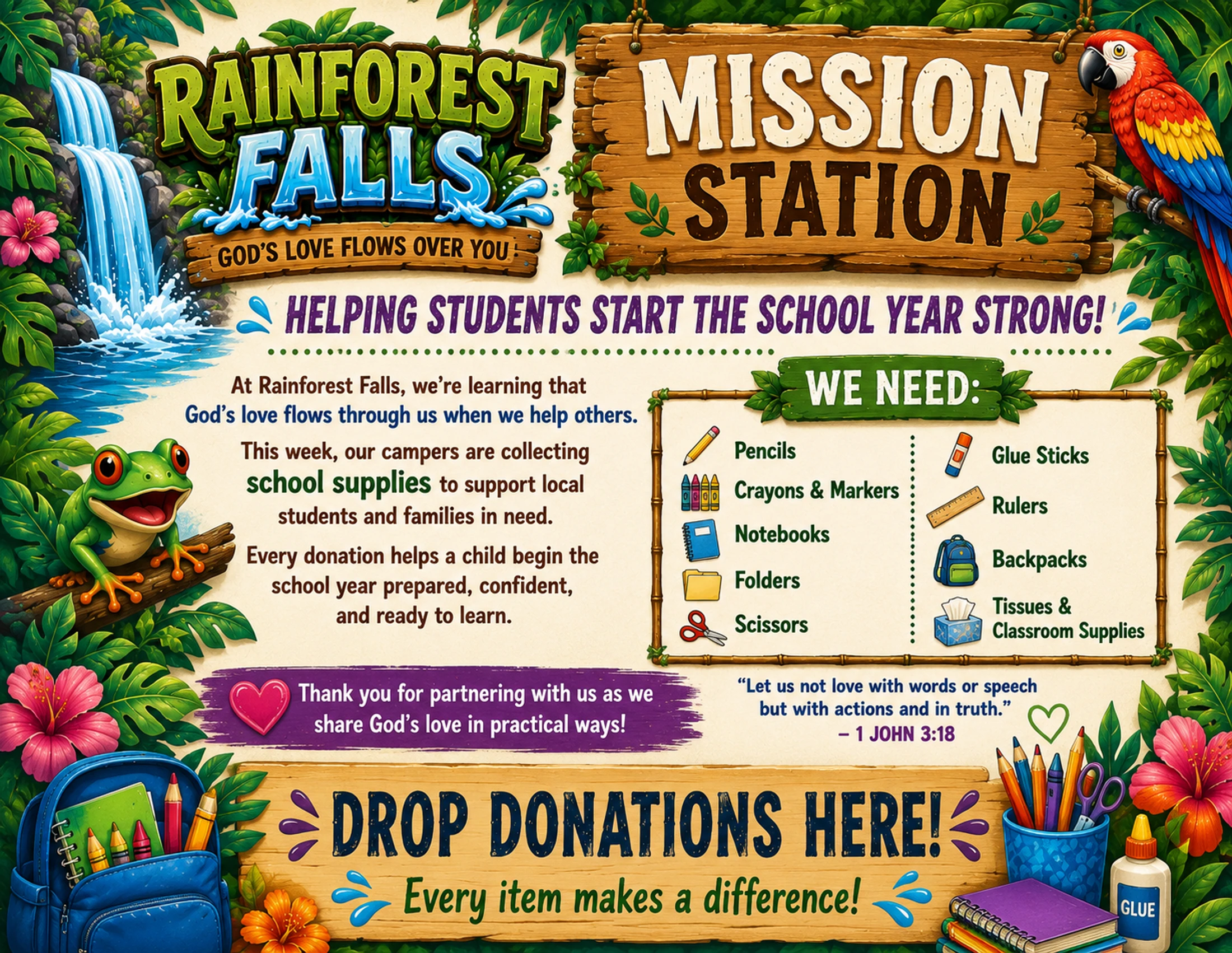 A colorful, rainforest-themed flyer for a school supply drive, listing needed items like pencils, notebooks, and backpacks, with a frog and parrot.