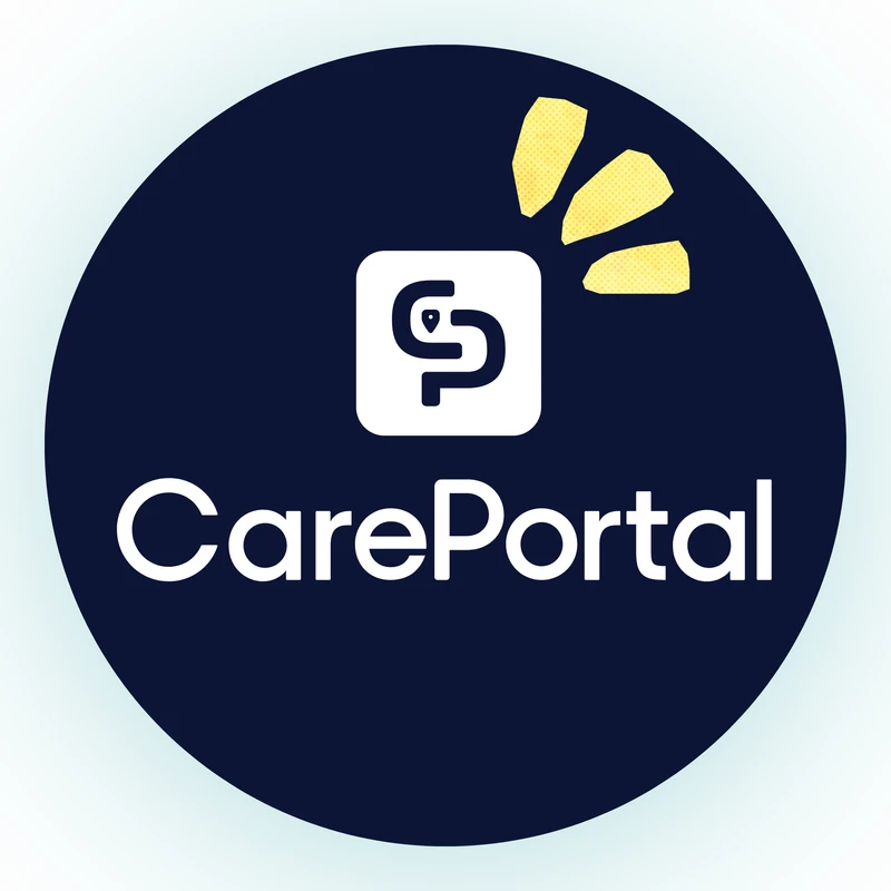 The CarePortal logo inside a dark blue circle. The logo has a 'CP' icon with three yellow bandages radiating from it, above the word 'CarePortal' in white.