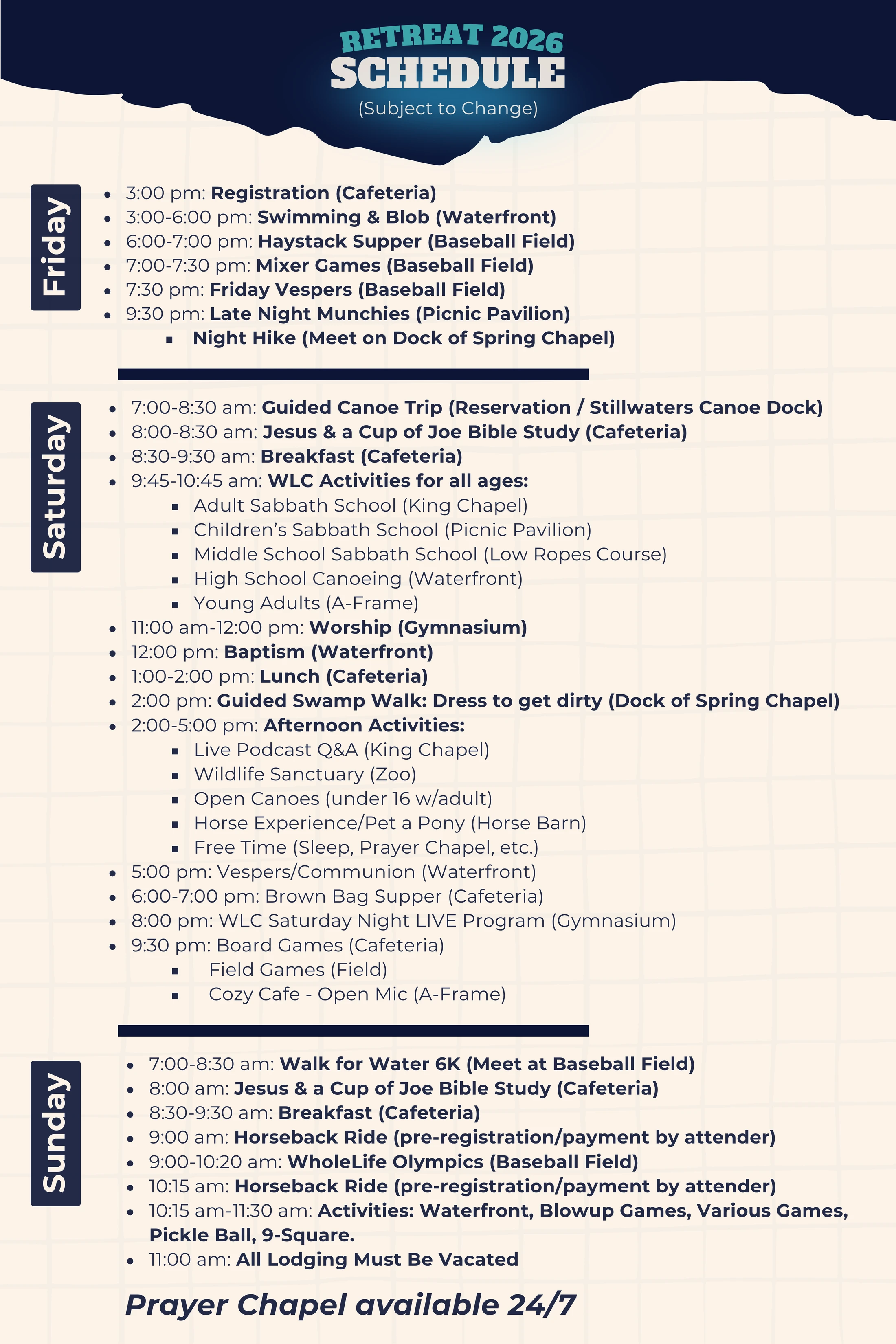 A schedule for Retreat 2026, listing activities for Friday, Saturday, and Sunday, including swimming, bible study, worship, games, and horseback riding.