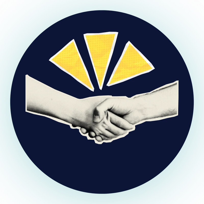 A graphic icon of two hands in a handshake, rendered in a retro halftone style. The hands are on a dark blue circle with yellow flashes above them.