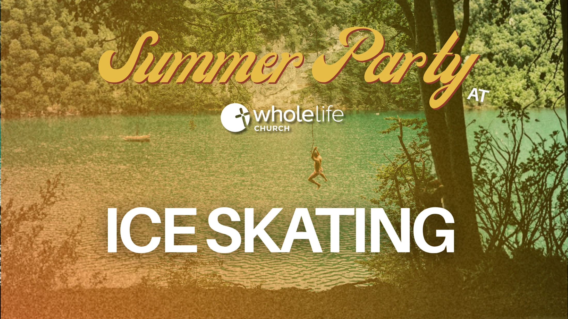 A graphic for a Summer Party ice skating event. The background shows a person on a rope swing over a lake, humorously contrasting with the winter activity.