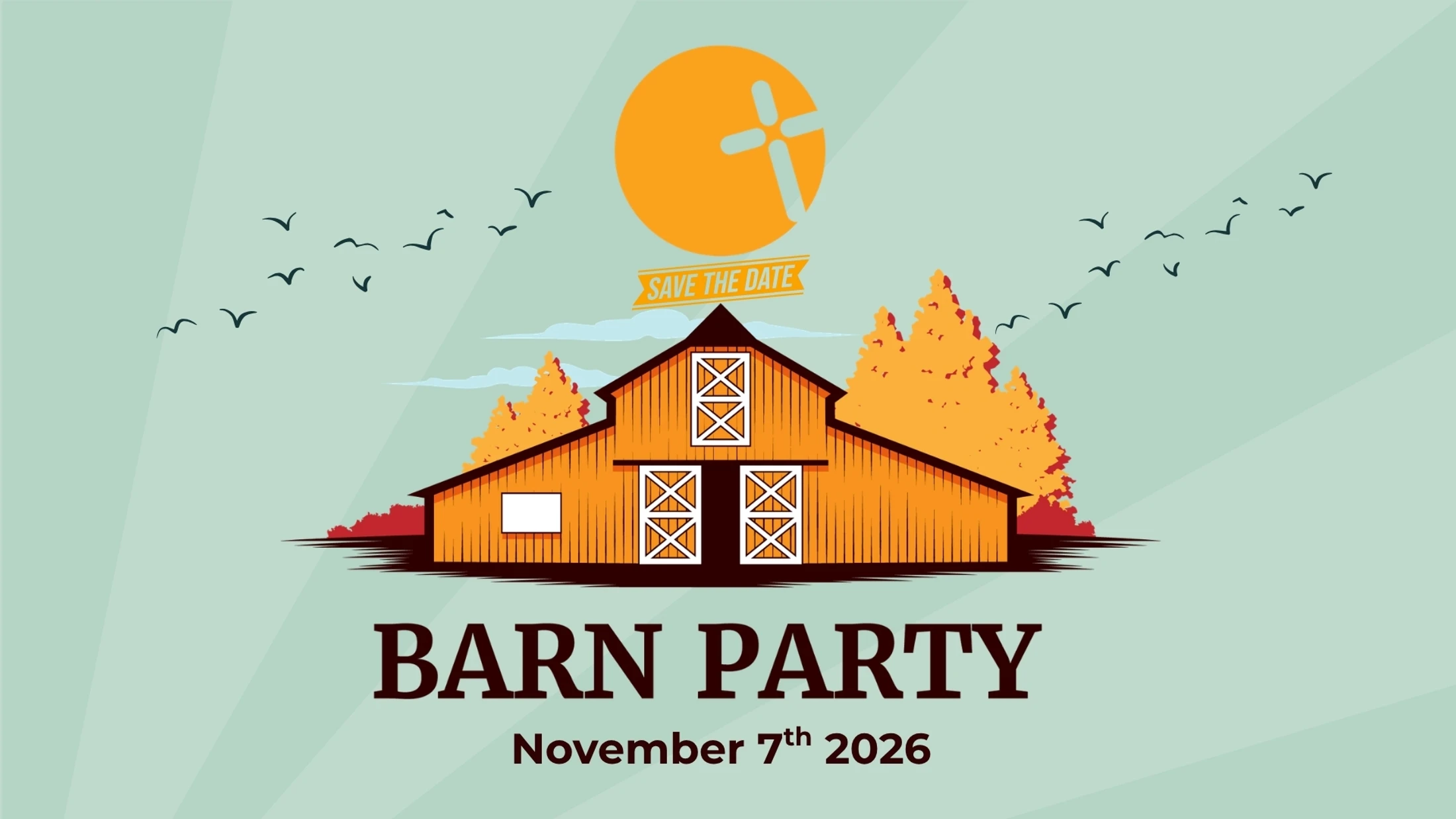 An illustrated invitation for a Barn Party on November 7th, 2026, featuring an orange barn, fall trees, and a sun with a Christian cross symbol.