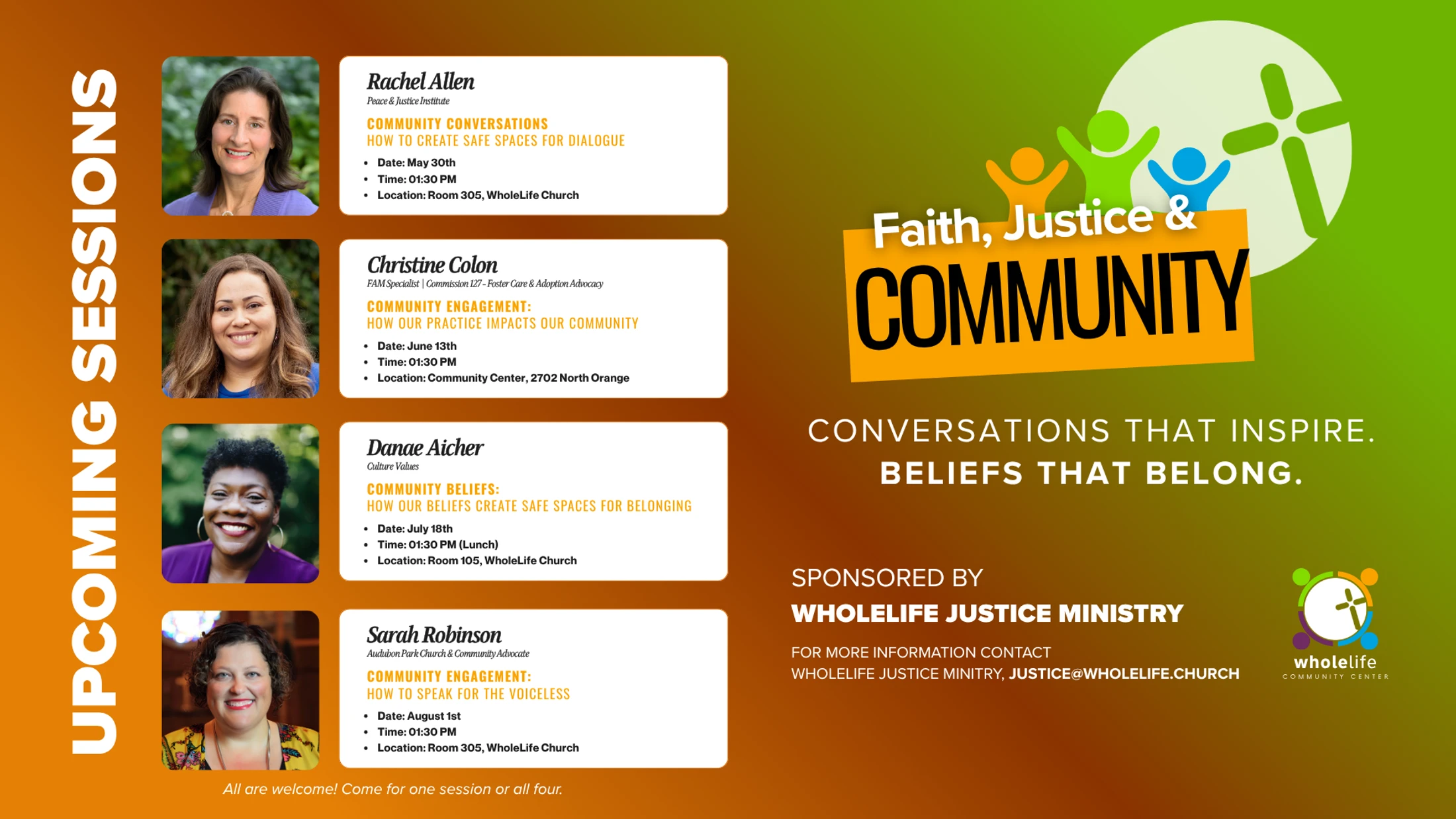 Promotional flyer for a 'Faith, Justice & Community' event, listing four upcoming sessions with female speakers, photos, topics, dates, and locations.