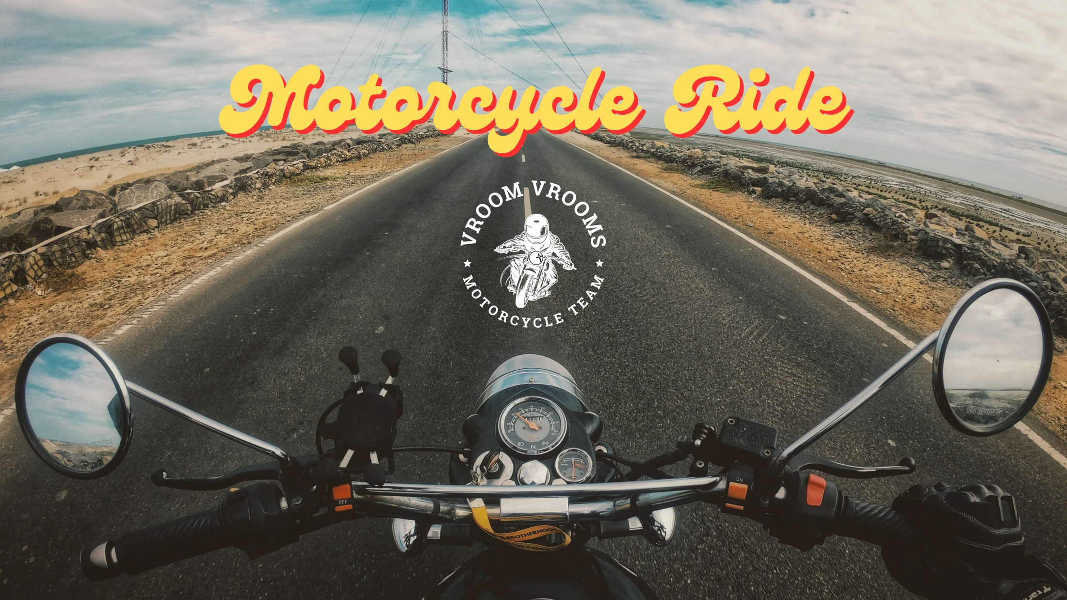 A first-person perspective from a motorcycle driving down an empty road next to a rocky, sandy coastline under a cloudy sky, with vintage-style text.