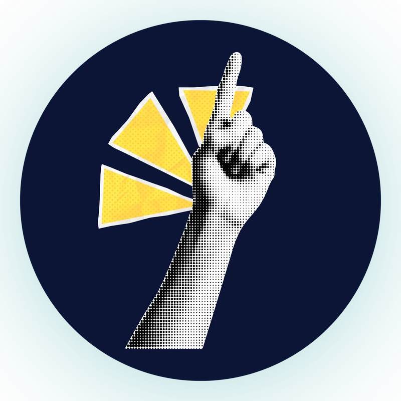 A pop art illustration of a hand rendered in halftone dots, with its index finger pointing up against yellow bursts inside a dark blue circle.