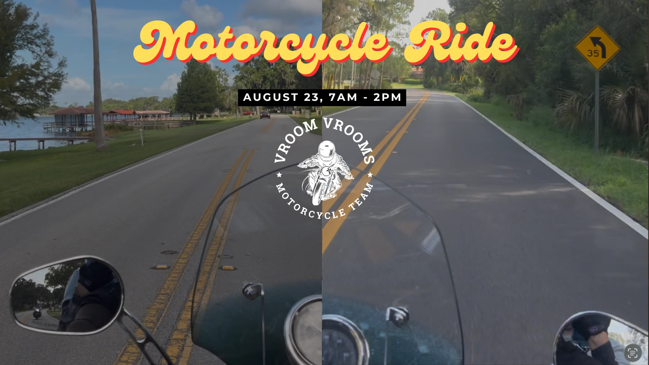 A split-screen promotional graphic for a motorcycle ride on August 23rd. The background is a first-person view from a motorcycle on a scenic road.