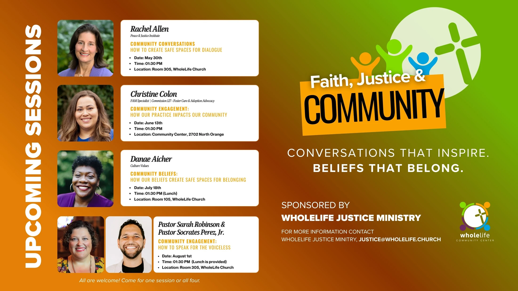 Flyer for a 'Faith, Justice & Community' event. It lists four upcoming sessions with speakers' photos, topics, dates, times, and locations.
