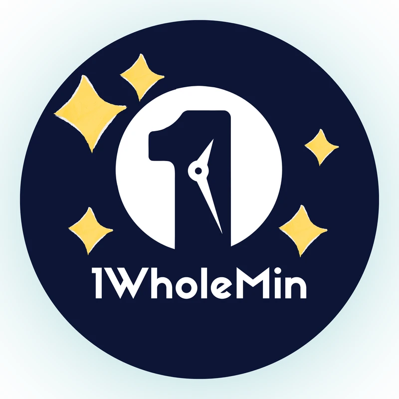 The 1WholeMin logo, a dark blue circle with yellow sparkles. In the center is the number 1, styled to include a clock face.