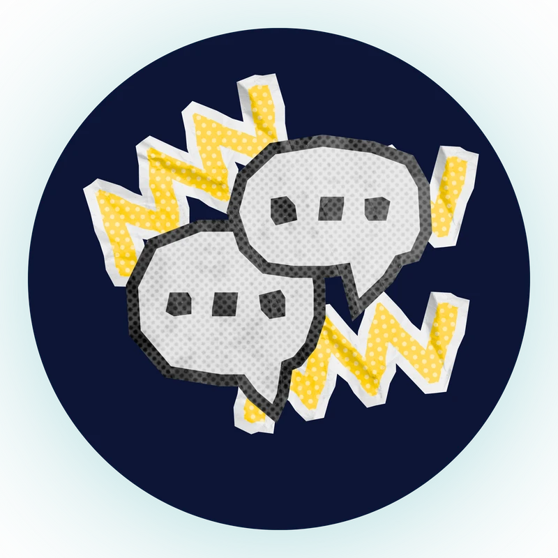 A paper cutout illustration of two overlapping comic book style speech bubbles with yellow zig-zag shapes behind them, set on a dark blue circle.