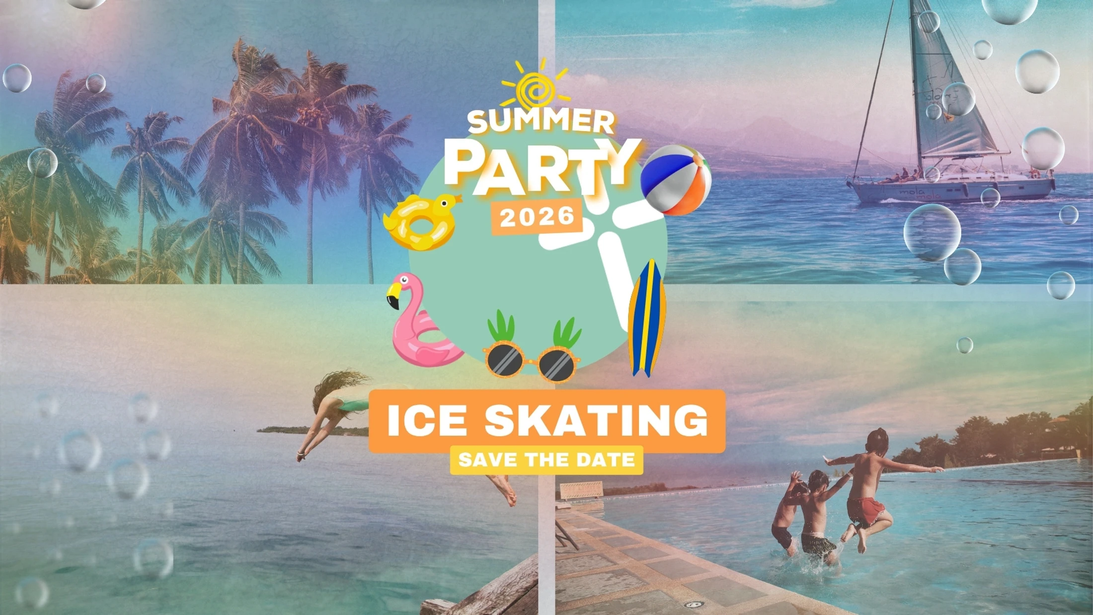 A collage of summer scenes with text for a 'Summer Party 2026' that is also, confusingly, for 'Ice Skating'. The background shows a beach and swimming.