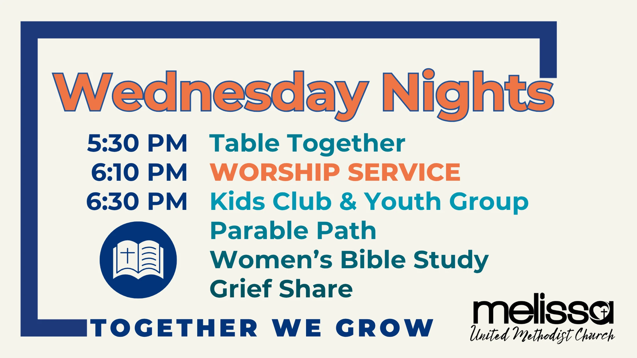 A graphic announcing Wednesday Night events at Melissa UMC. The schedule includes dinner, worship, kids club, youth group, Bible study, and grief share.