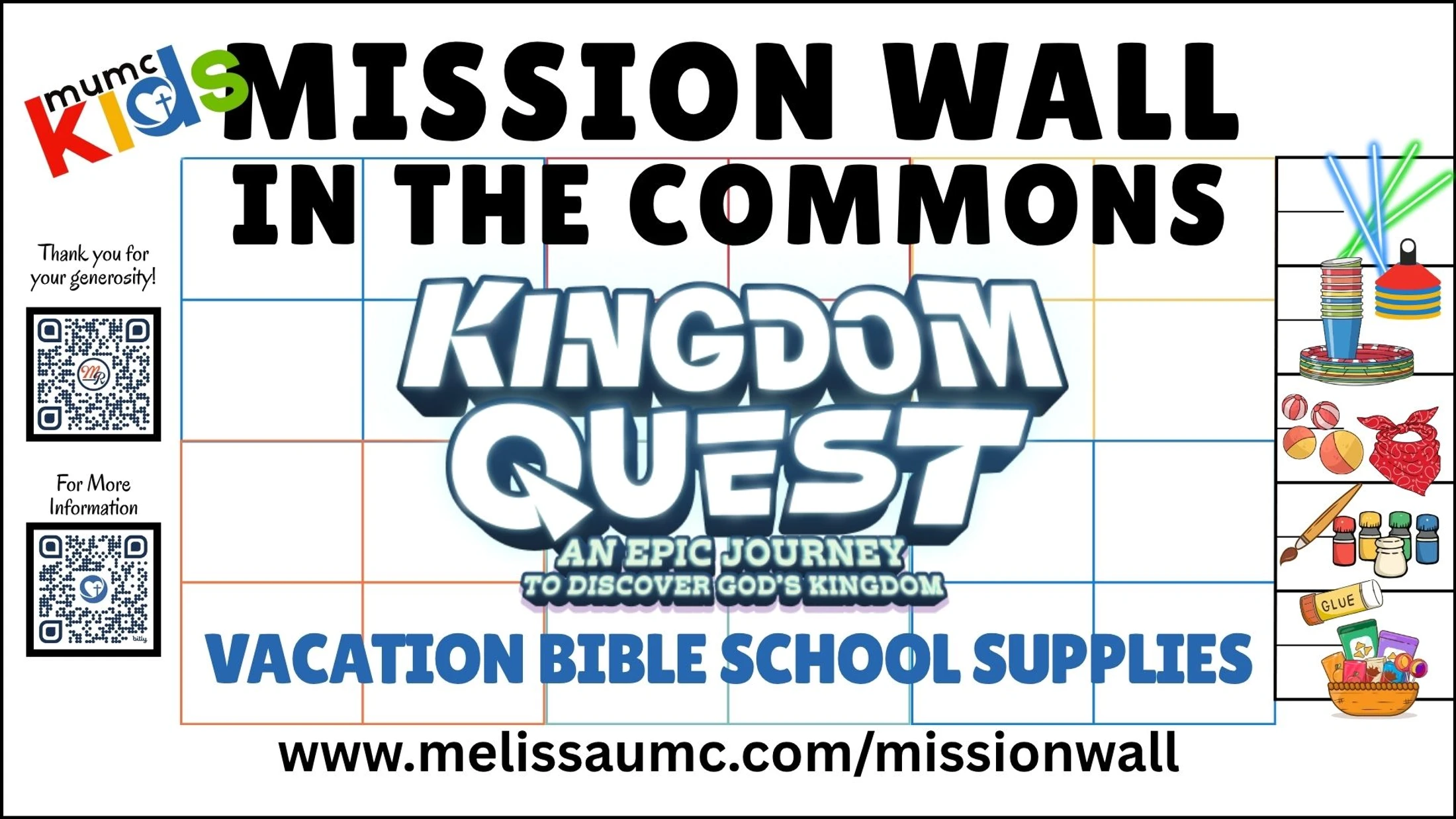 Graphic announcing a Mission Wall to collect Vacation Bible School supplies for an event called Kingdom Quest, with QR codes and illustrations of craft items.